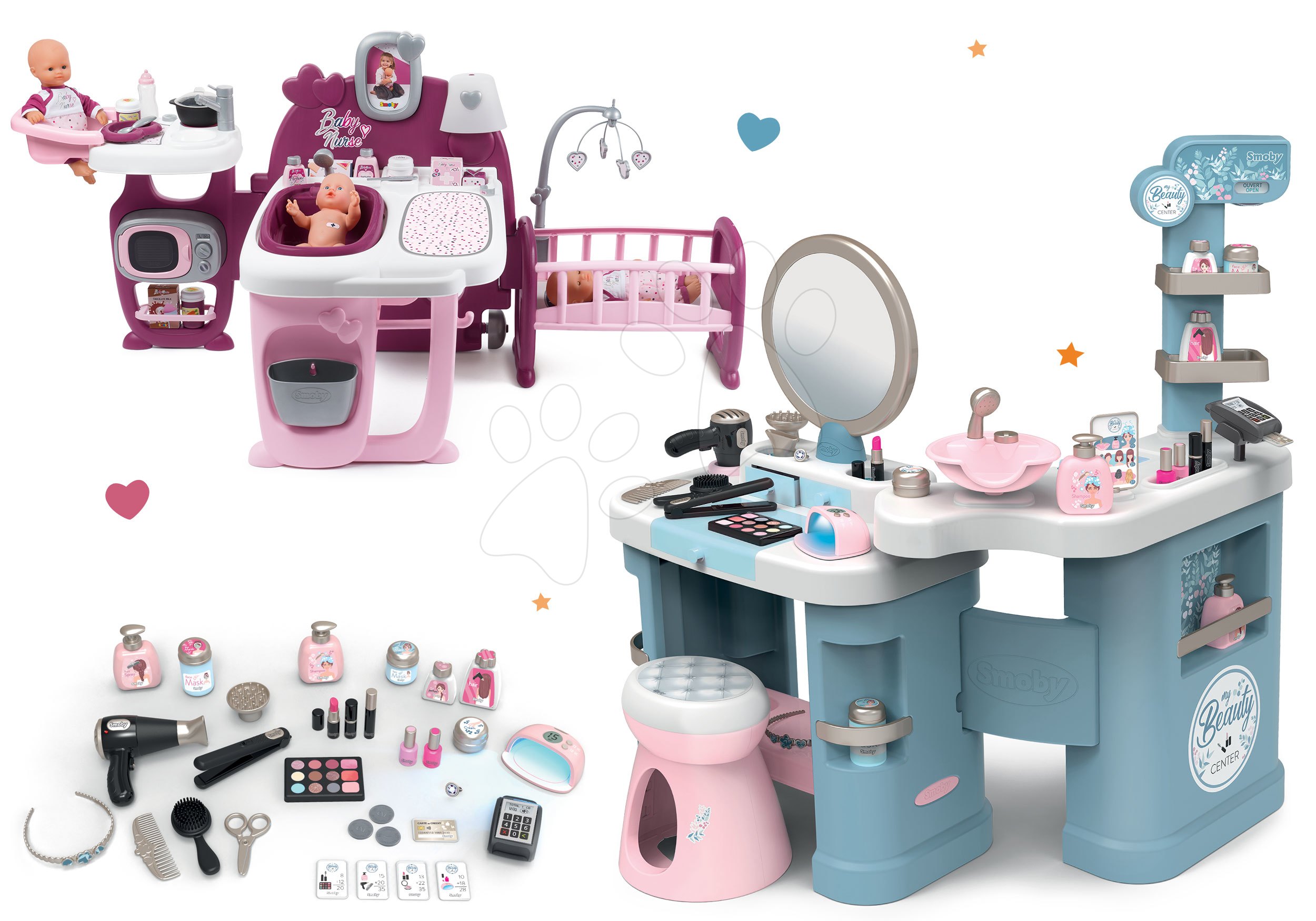 Set kosmetický stolek elektronický My Beauty Center 3in1 Smoby s domečkem pro panenku – kuchyň koupe