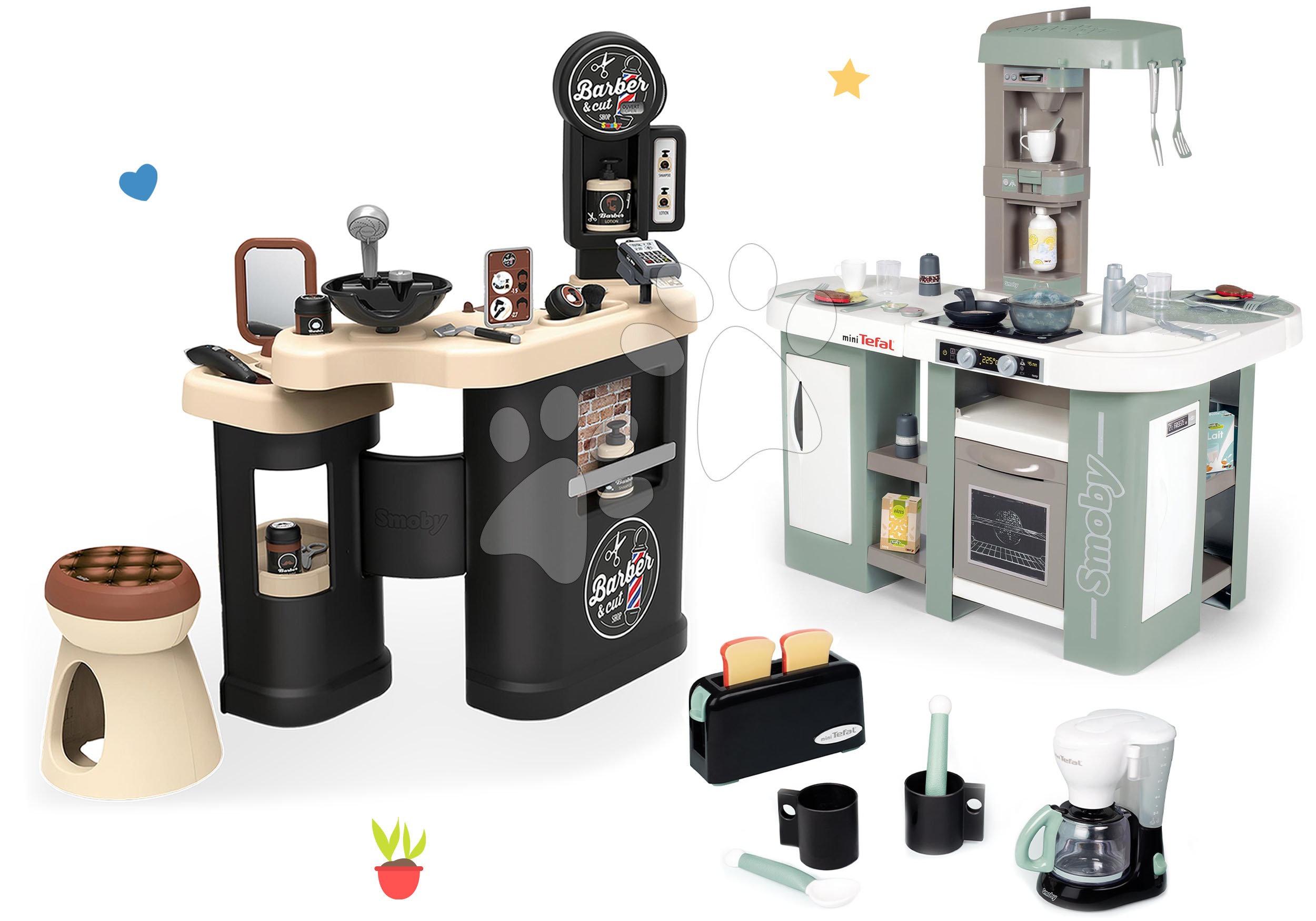 Kozmetične mizice kompleti - Komplet tridelna brivnica Barber Cut&Barber Shop Smoby in elektronska kuhinja s čarobnimi mehurčki in set za zajtrk
