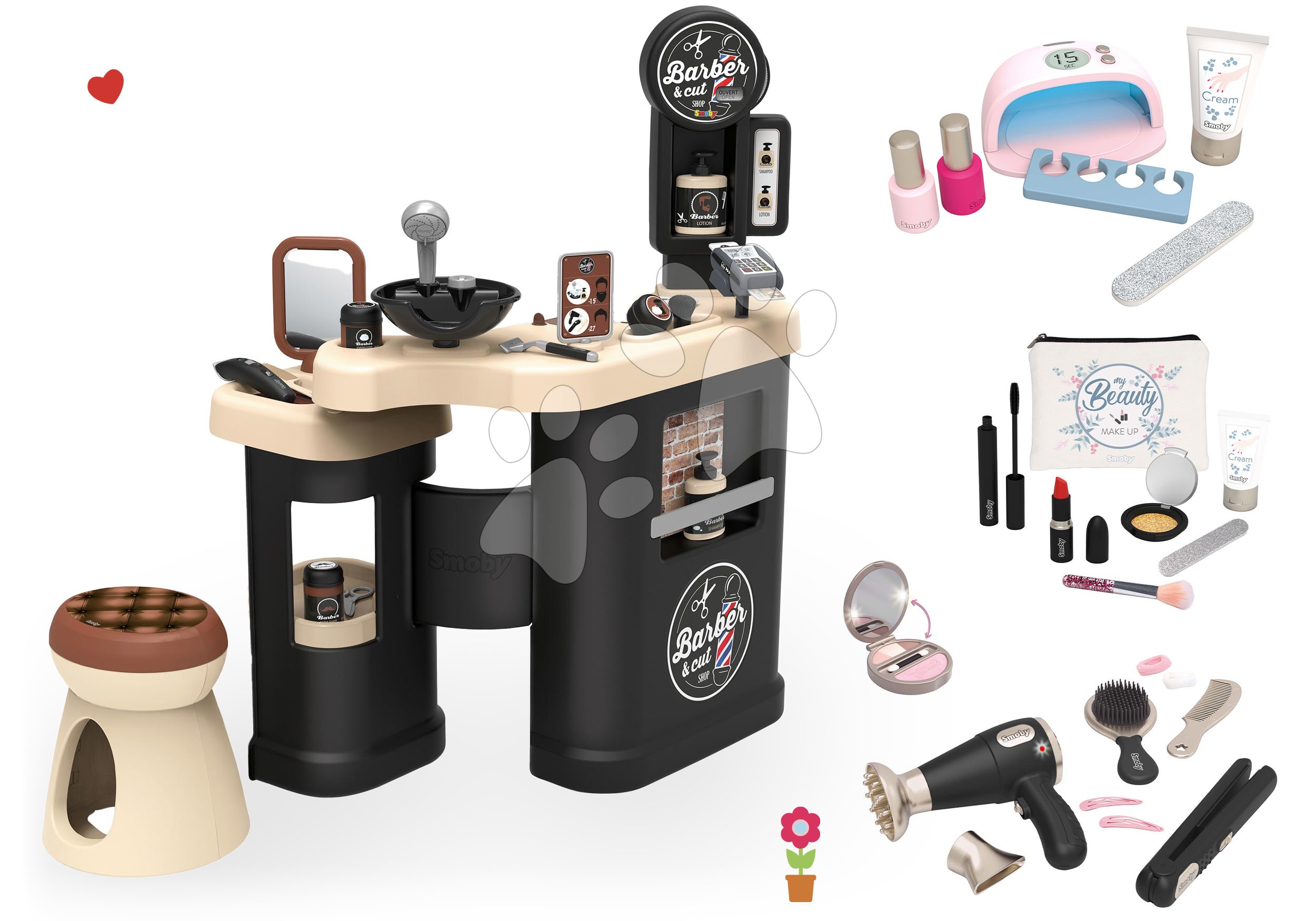 Kozmetické stolíky sety - Set holičstvo trojkrídlové Barber Cut&Barber Shop Smoby a elektronický sušič na vlasy s manikúrou kozmetikou a púdrom
