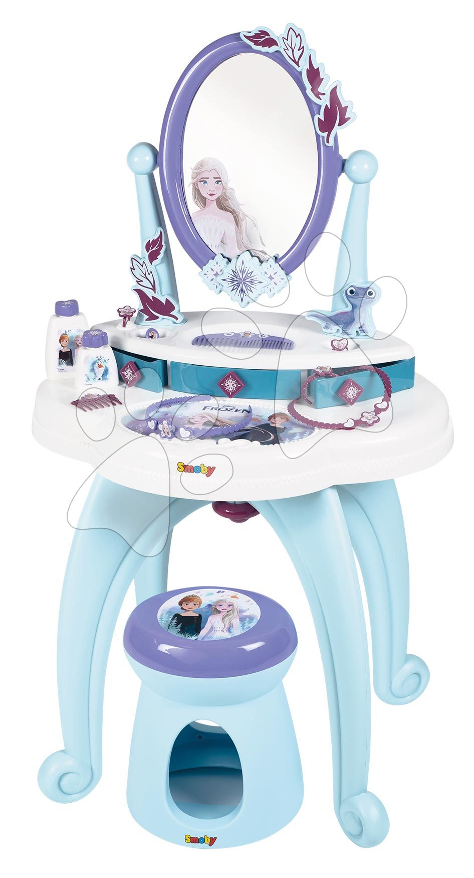 Kosmetický stolek pro děti - Kosmetický stolek a taburetka Frozen Hairdresser 2in1 Smoby se zrcátkem a 10 doplňků