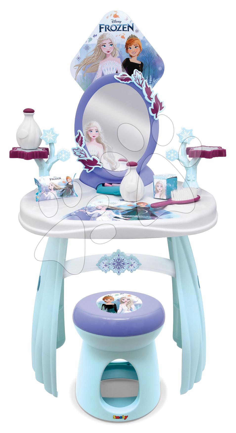 Kosmetický stolek pro děti - Kozmetický stolík so stoličkou Frozen Hairdresser Smoby so srdiečkovým zrkadlom a doplnkami SM320245