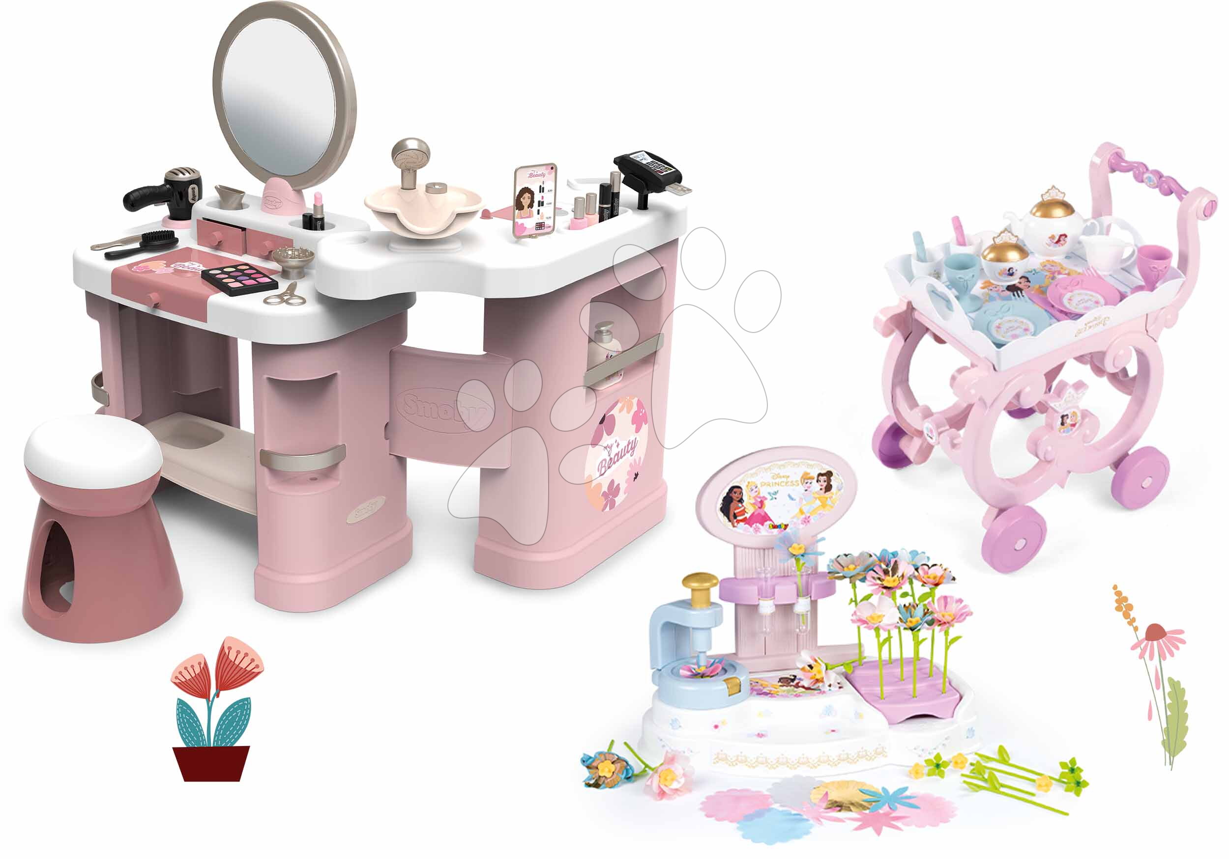Set kozmetický stolík so servírovacím vozíkom My Beauty Center 3v1 Smoby a kvetinárstvo na výrobu kvetín