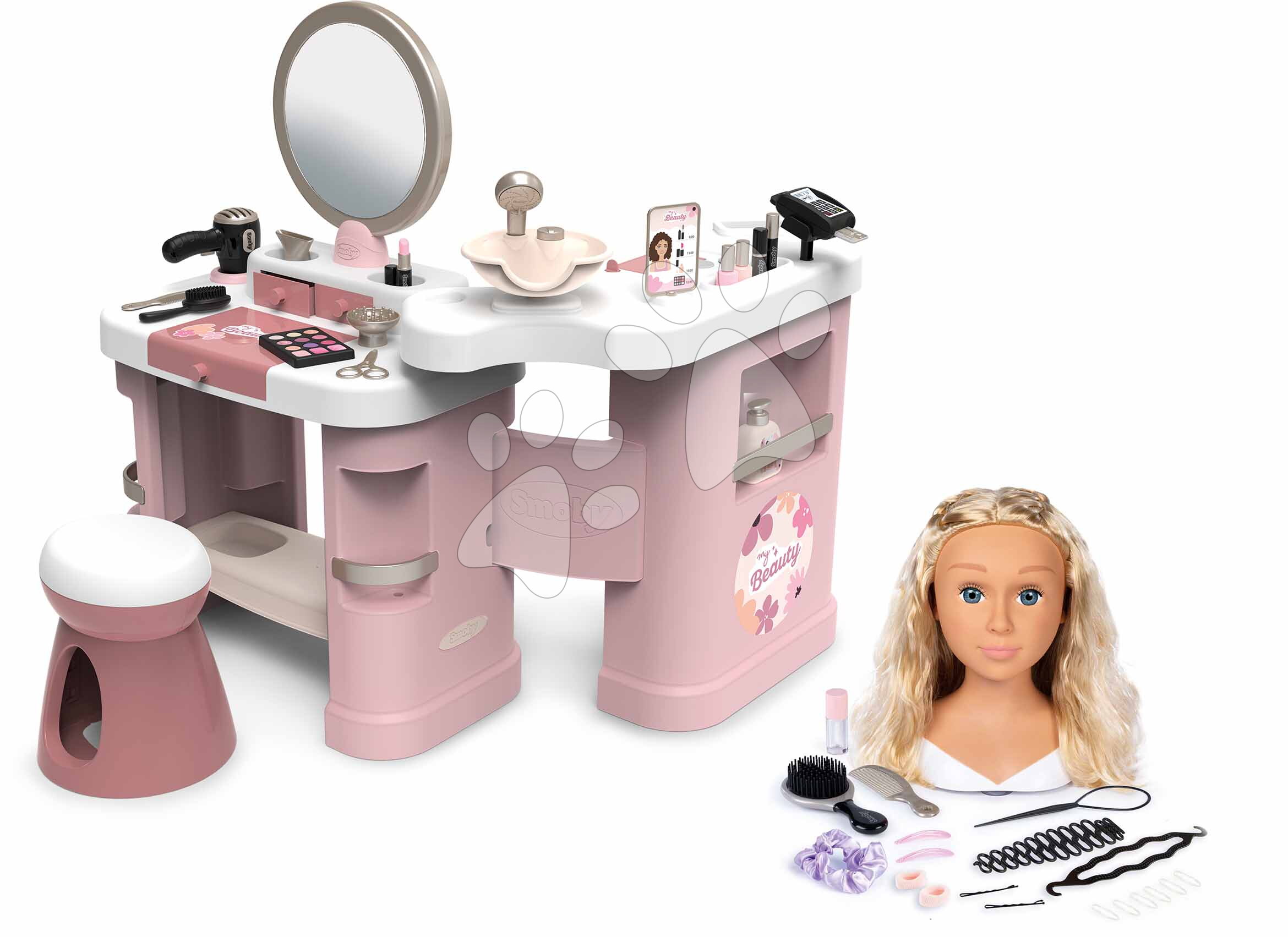 Set kozmetický stolík a česacia hlava pre kaderníčku My Beauty Center 3v1 Smoby s blond vlasmi a elektronickým fénom