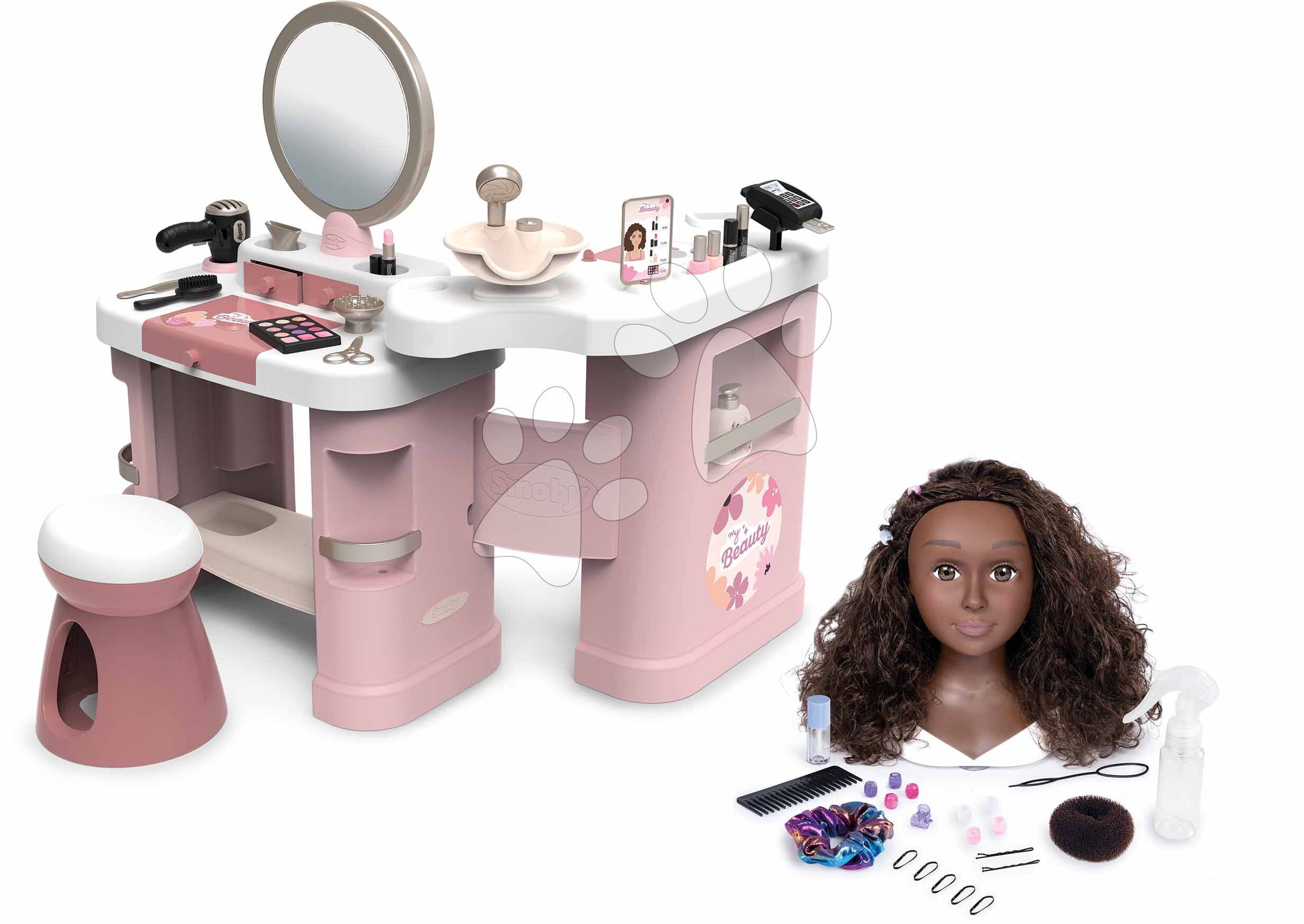 Set kozmetický stolík a česacia hlava pre kaderníčku My Beauty Center 3v1 Smoby s hnedými vlasmi a elektronickým fénom