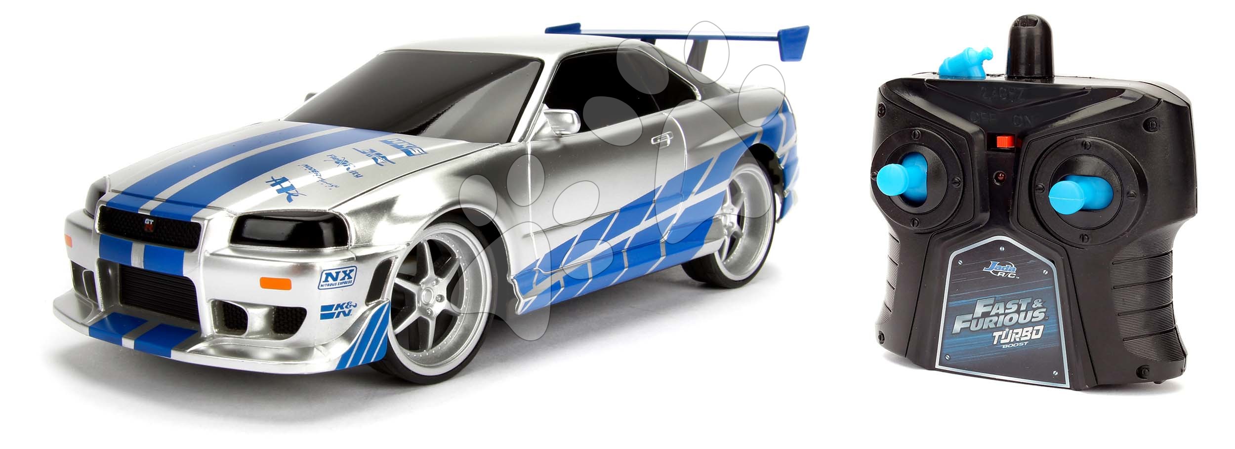 Autíčko na diaľkové ovládanie RC Nissan Skyline GTR Fast & Furious Jada modrostrieborné dĺžka 19 cm 1:24