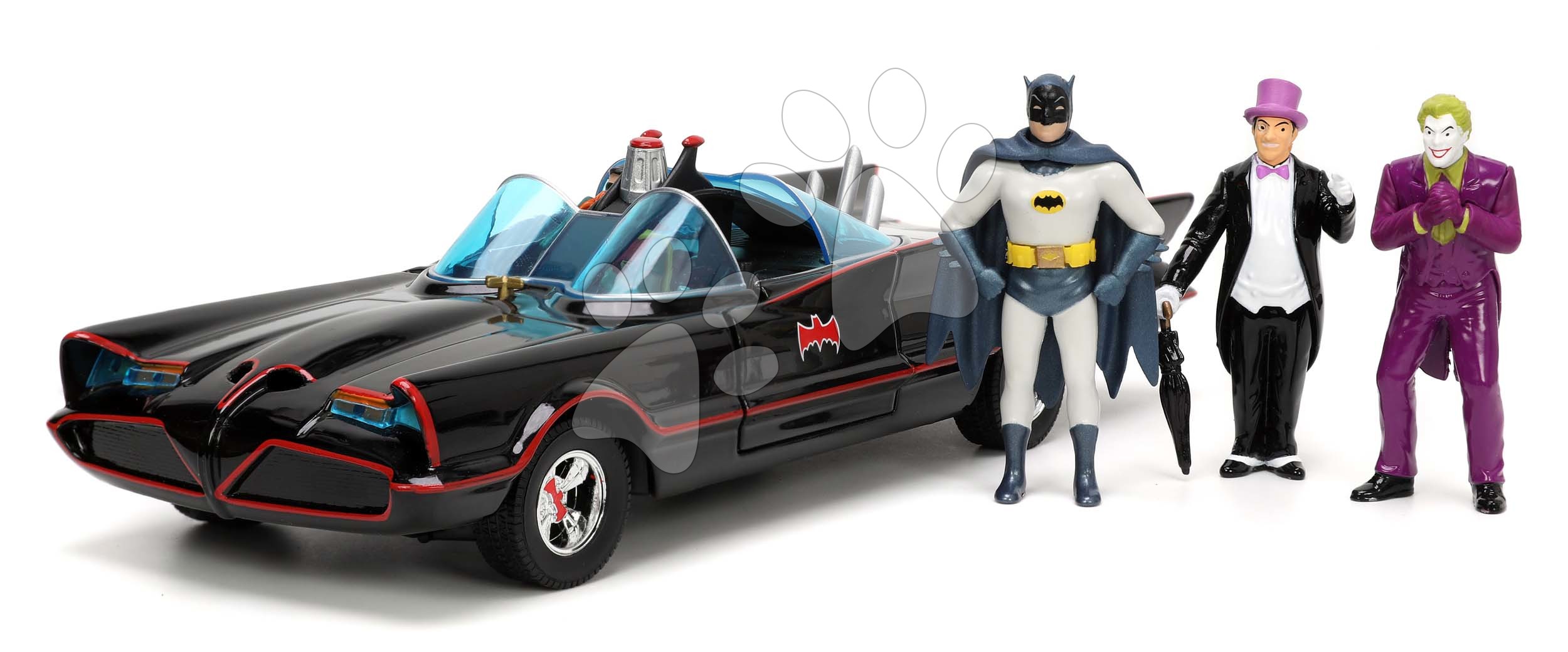 Autíčko Batman Classic Batmobile 1966 Deluxe Jada kovové s otvárateľnými dverami a 4 figúrkami dĺžka 19 cm 1:24