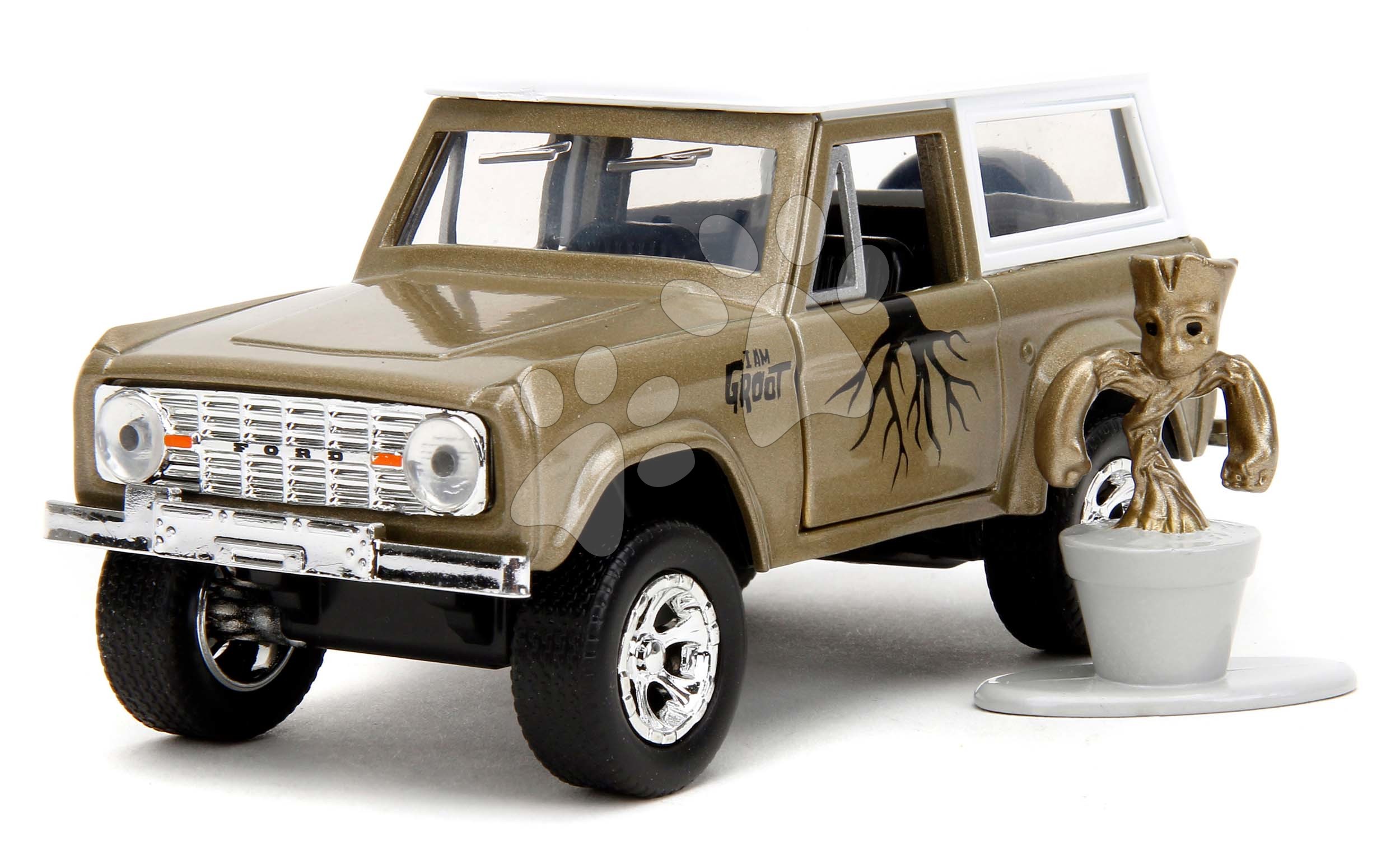 Kisautó Marvel Ford Bronco 1973 Jada fém nyitható ajtókkal és Groot figurával hossza 14 cm 1:32