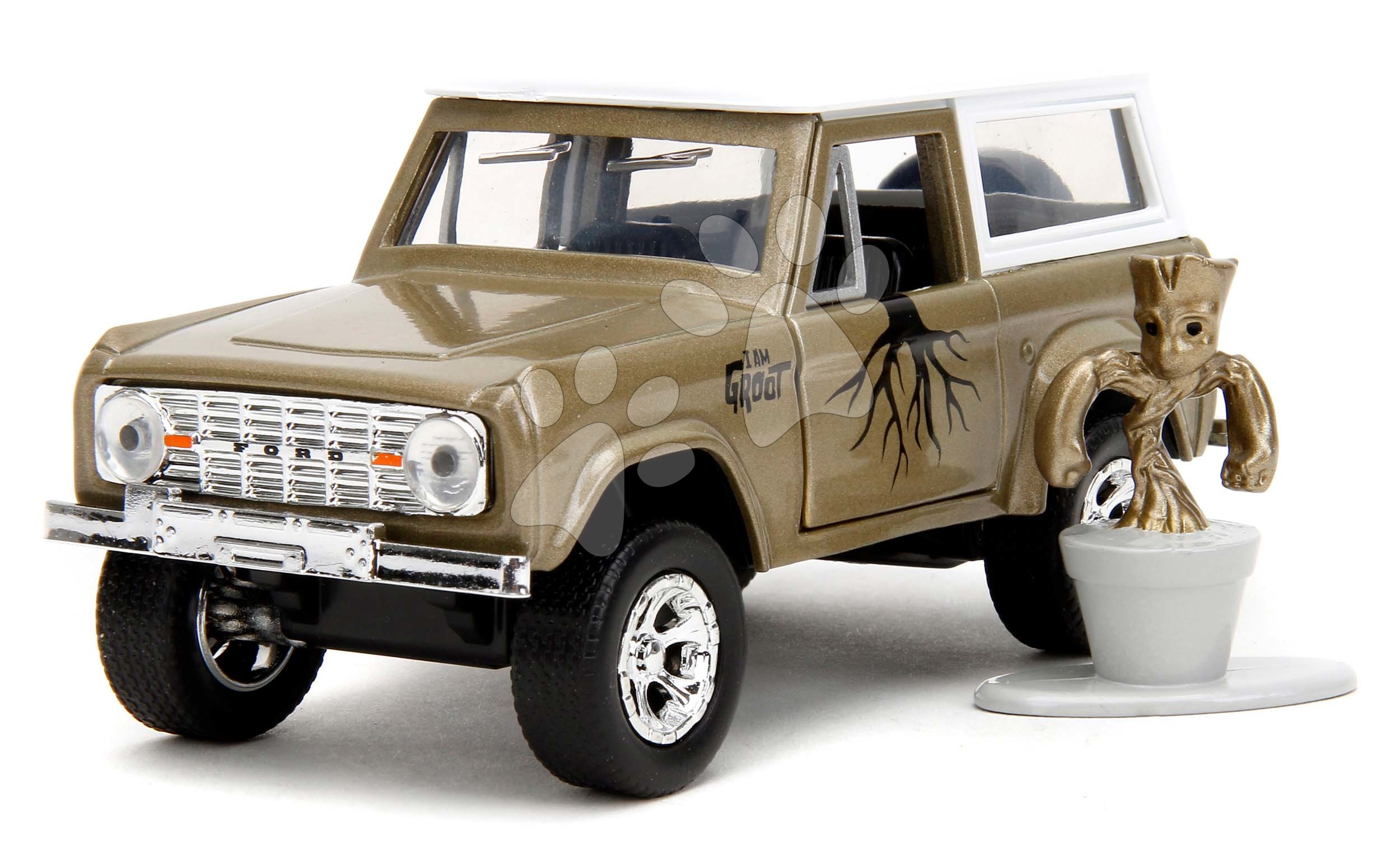 Autíčko Marvel Ford Bronco 1973 Jada kovové s otevíratelnými dveřmi a figurkou Groot délka 14 cm 1:32