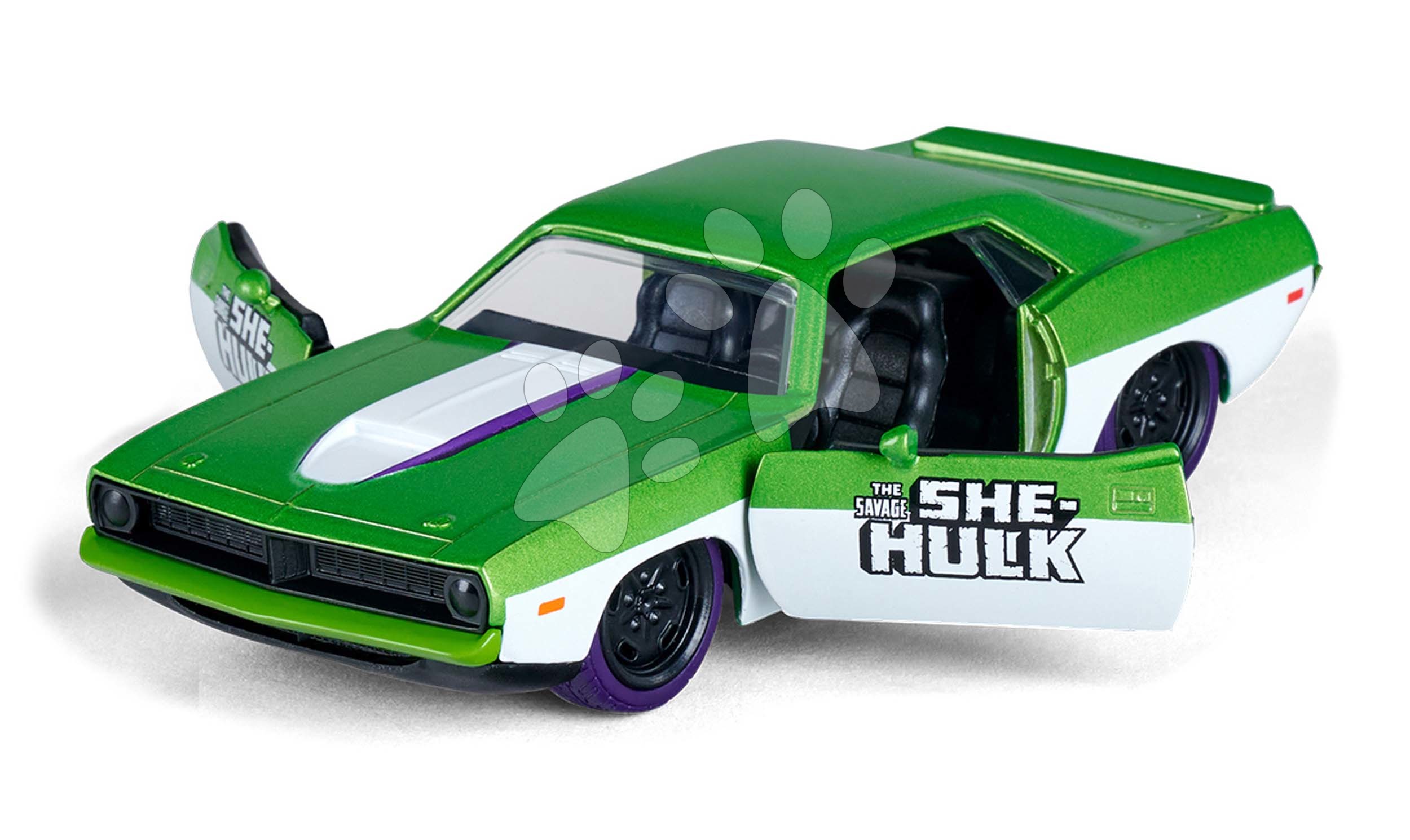 Autíčko Playmouth Barracuda 1973 Marvel Jada kovové s otevíratelnými dveřmi a figurka She-Hulk 13,5 cm 1:32