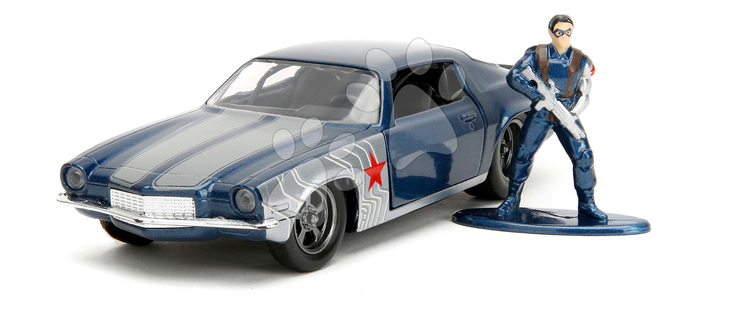 Autíčko Chevrolet Camaro 1973 Marvel Jada kovové s otvárateľnými dverami a figúrka Winter Soldier dĺžka 14 cm 1:32