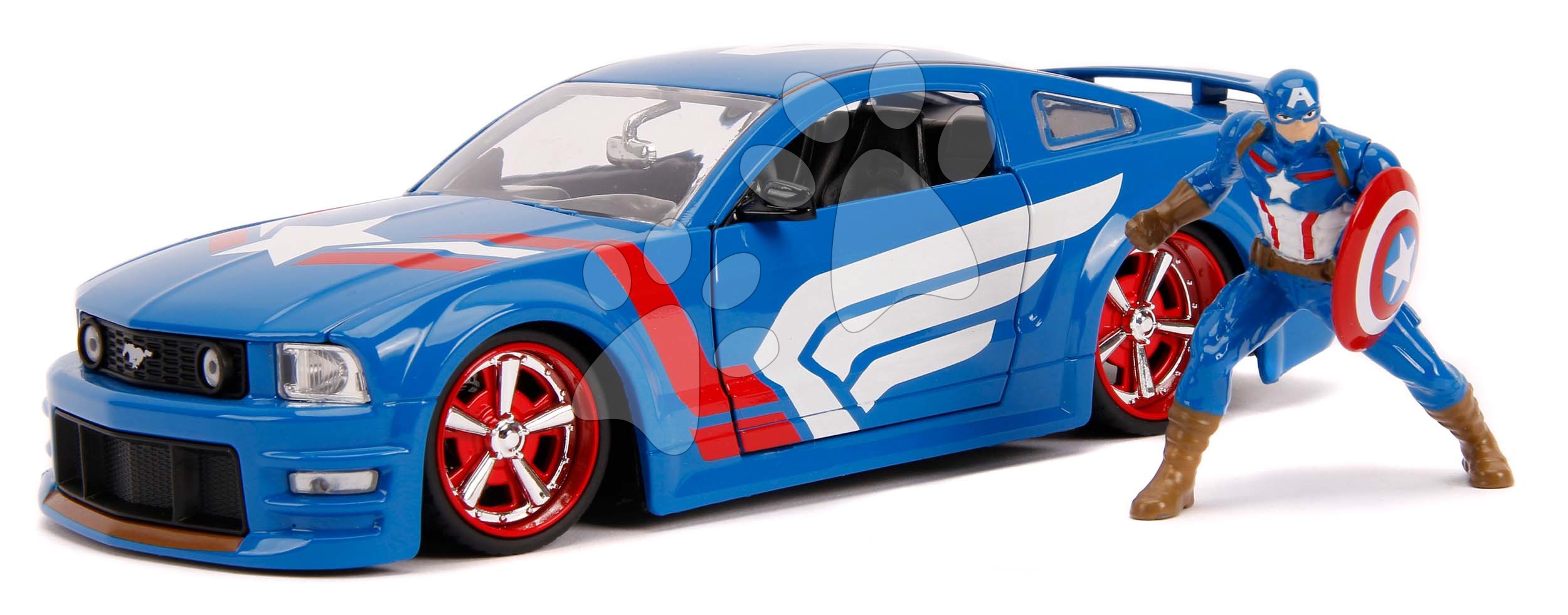 Kisautó Marvel Avengers 2006 Ford Mustang GT Jada fém nyitható részekkel és Amerika kapitány figurával hossza 22 cm 1:24