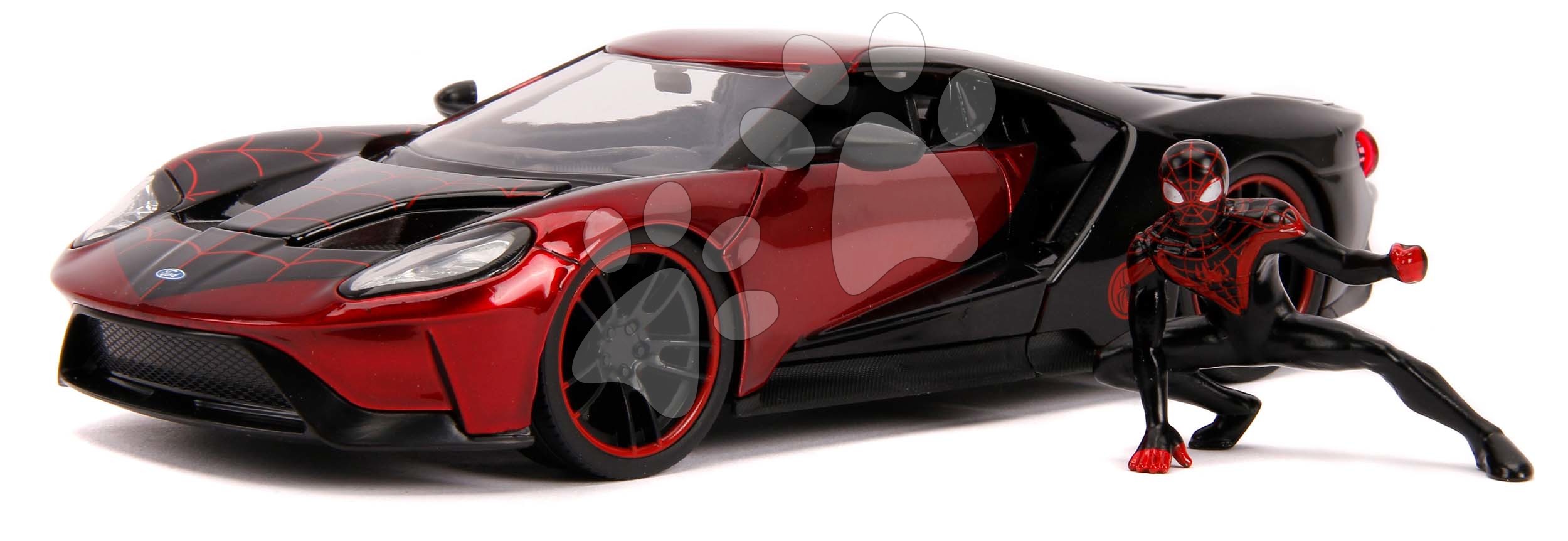 Kisautó Marvel 2017 Ford GT Jada fém nyitható részekkel és Miles Morales figurával hossza 20 cm 1:24