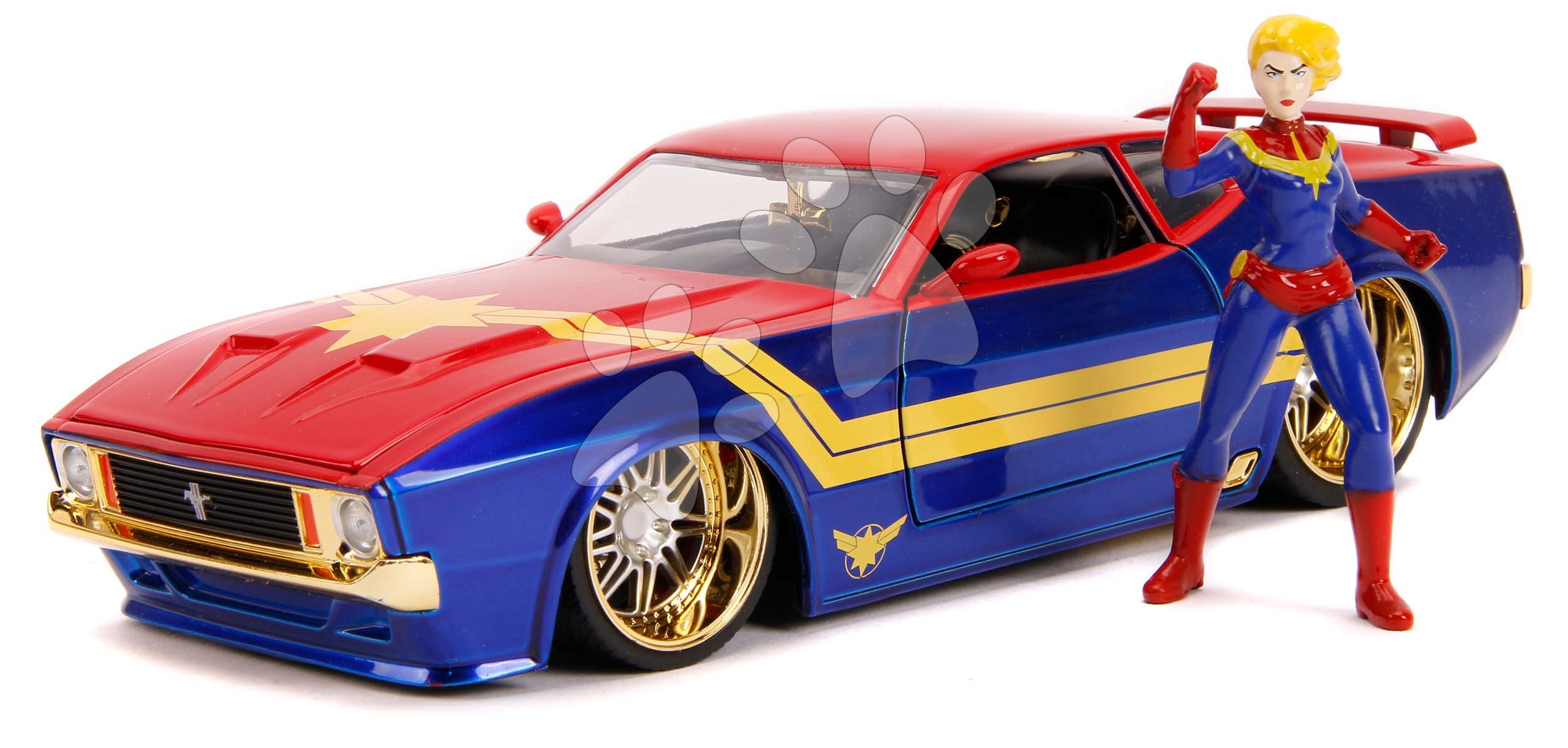 Autíčko Marvel Ford Mustang Mach 1973 Jada kovové s otevíratelnými částmi a figurkou Captain Marvel 18 cm délka 1:24