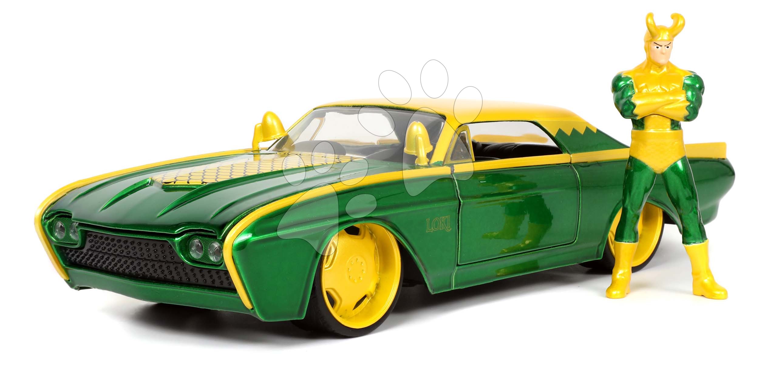 Autíčko Marvel Ford Thunderbird Jada kovové s otvárateľnými časťami a figúrkou Loki dĺžka 22 cm 1:24