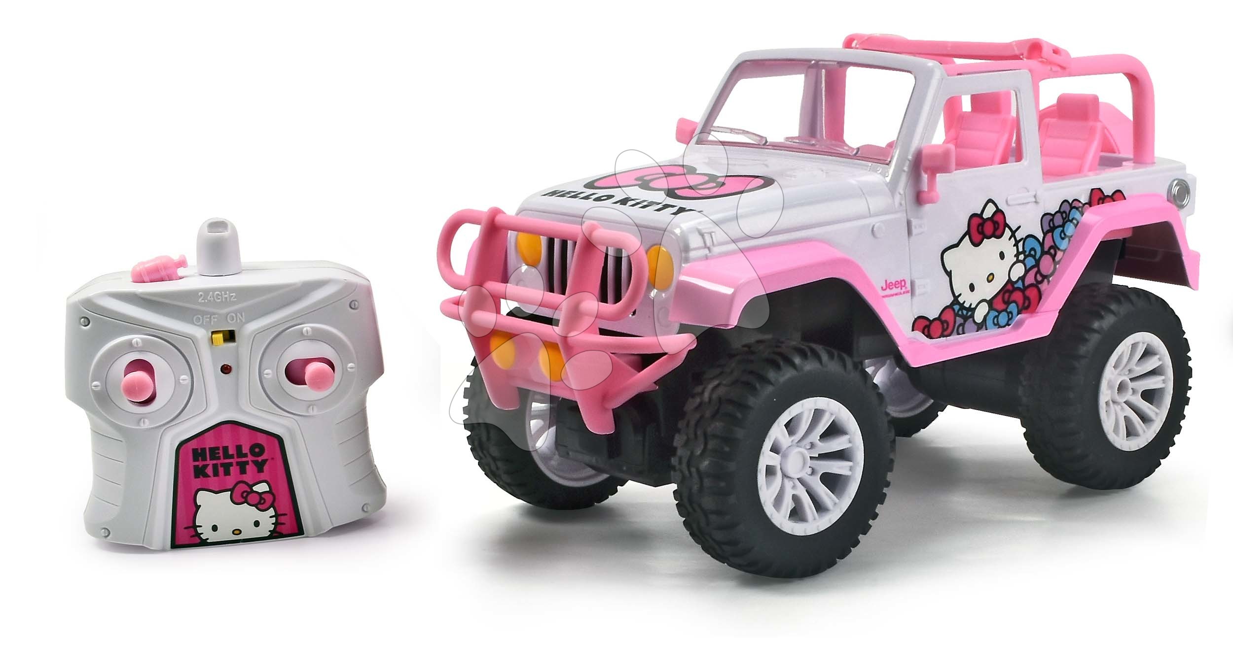 RC modely - Autíčko na diaľkové ovládanie RC Jeep Wrangler Hello Kitty Jada ružové s nálepkami dĺžka 30 cm 1:16 od 6 rokov