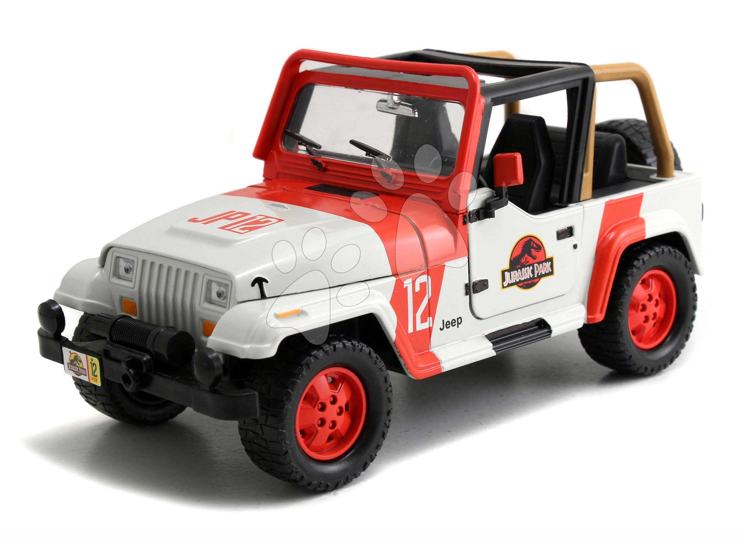 Autíčko Jurassic World Jeep Wrangler 1992 Jada kovové s otevíracími dveřmi a gumovými kolečky délka 19 cm 1:24