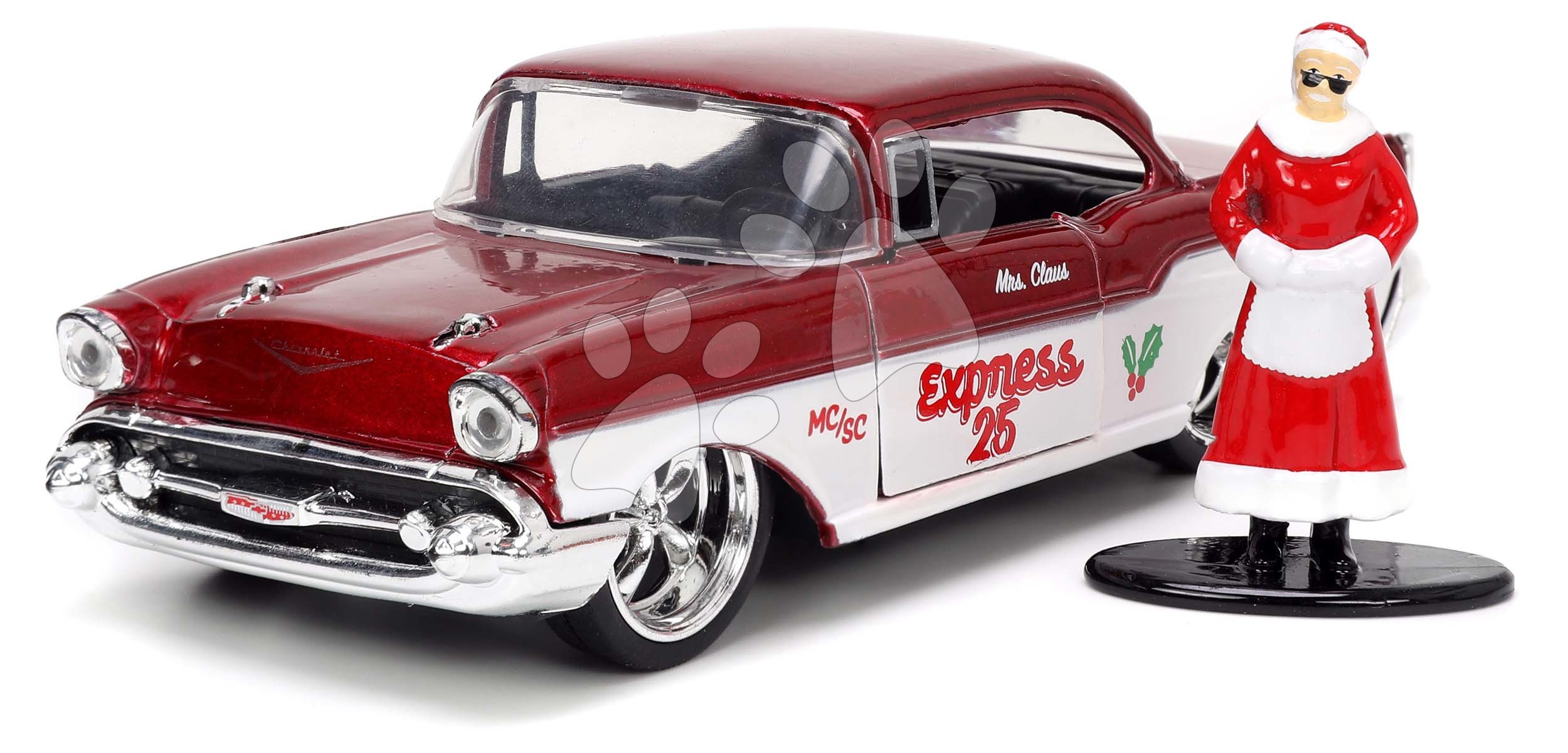 Kisautó karácsonyi Chevrolet 1957 Jada fém nyitható ajtókkal és Santa Claus figurával hossza 13 cm 1:32