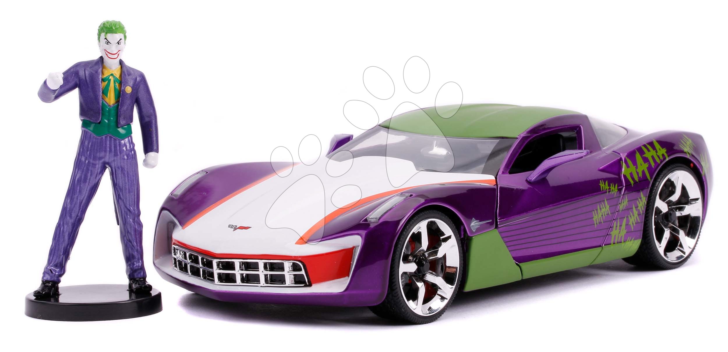 Autíčko DC Chevy Corvette Stingray 2009 Jada kovové s otvárateľnými časťami a figúrkou Joker dĺžka 20 cm 1:24