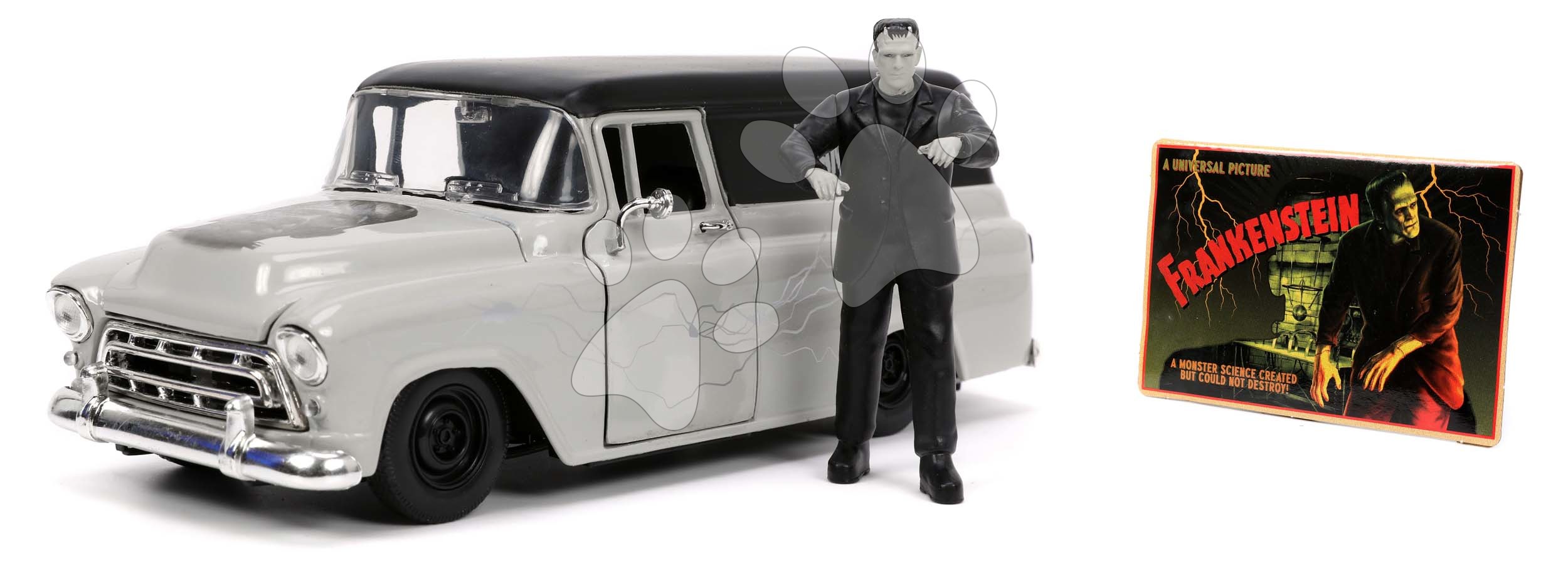 Autíčko Chevy Suburban 1957 Jada kovové s otvárateľnými časťami a figúrkou Frankenstein dĺžka 20 cm 1:24