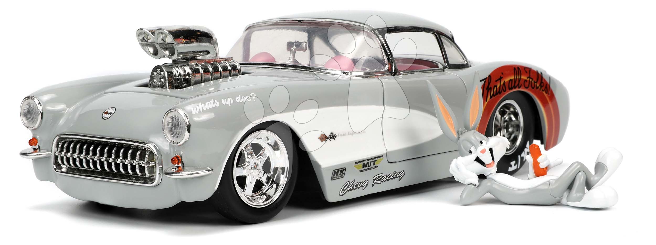 Kisautó Looney Tunes Chevrolet Corvette 1957 Jada fém niytható részekkel és Bugs Bunny figurával hossza 19 cm 1:24