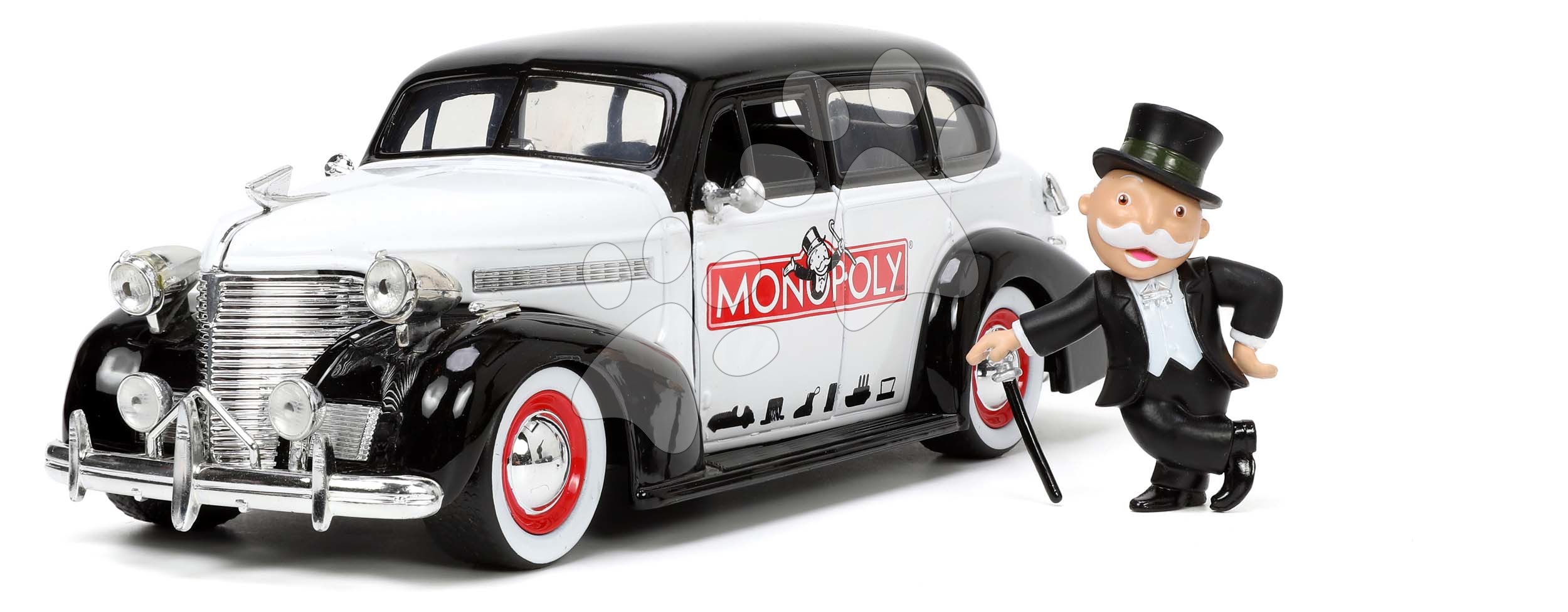 Autíčko Monopoly Chevy Master 1939 Jada kovové s otvárateľnými časťami a figúrkou Uncle Pennybags dĺžka 20 cm 1:24
