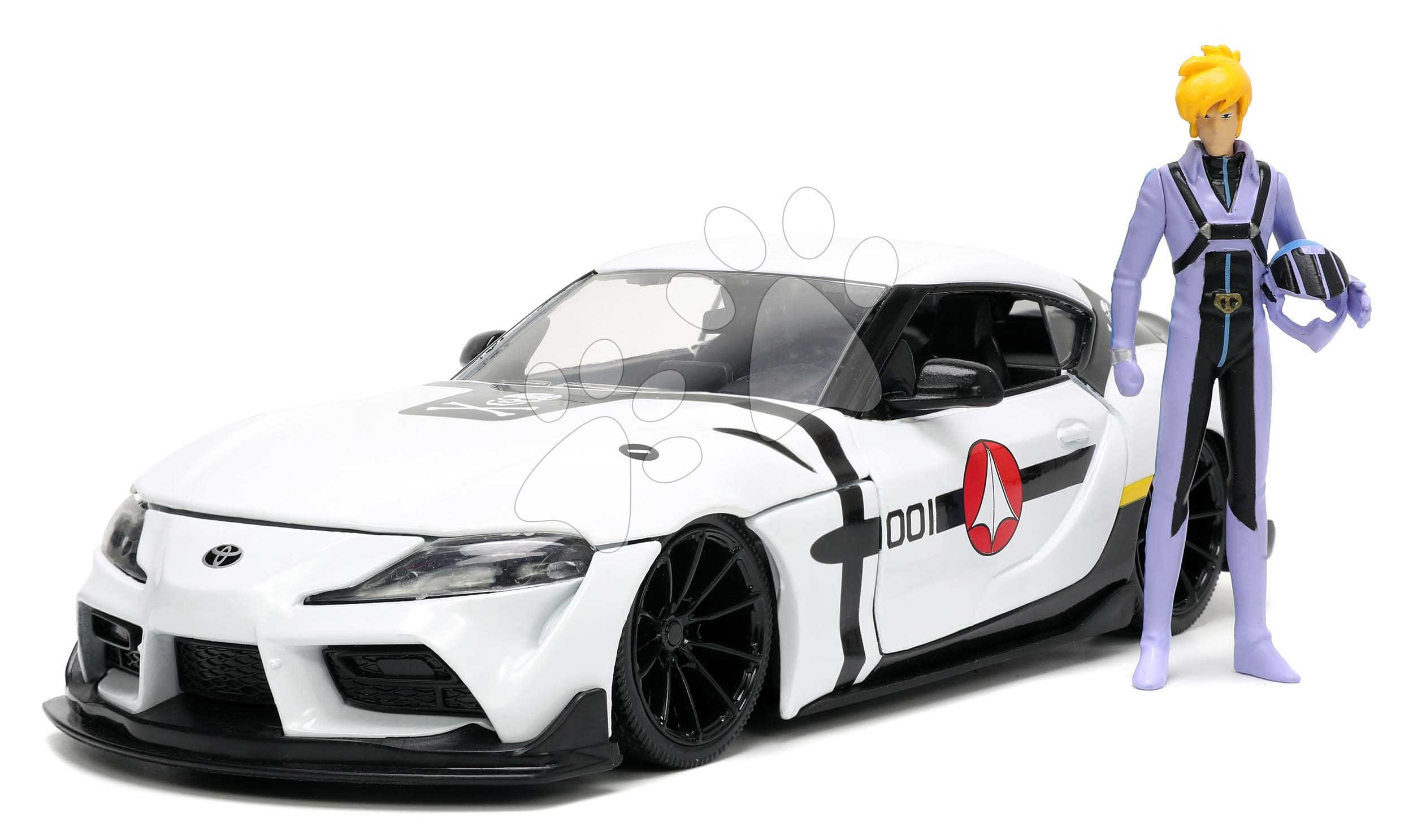 Kisautó Robotech ´20 Toyota Supra Jada fém nyitható részekkel és Roy Fokker akciófigurával hossza 20 cm 1:24