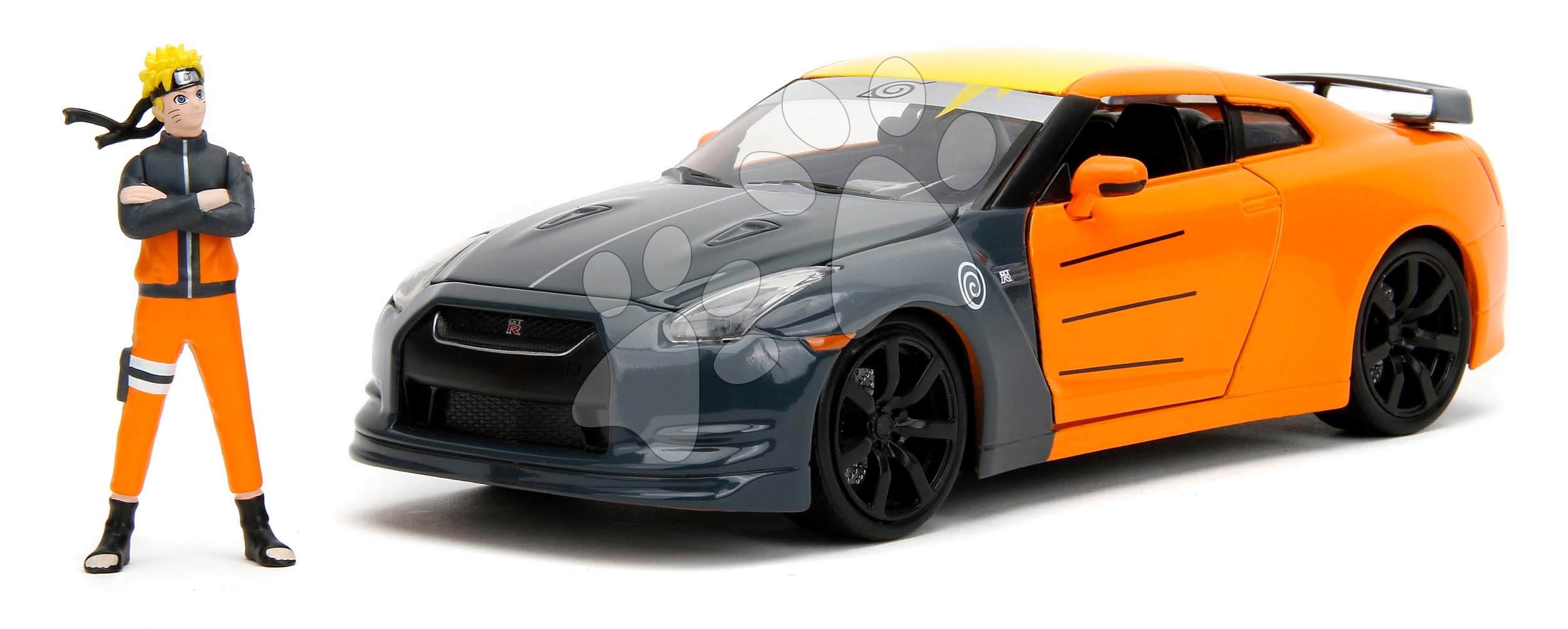 Autíčko Nissan GT-R 2009 Jada kovové s otvárateľnými časťami a figúrka Naruto dĺžka 20 cm 1:24