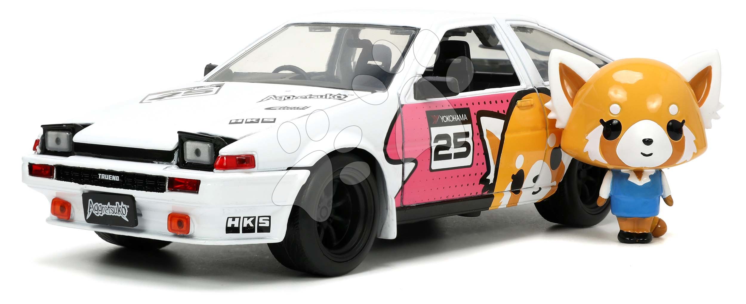 Autíčko Aggretsuko Toyota Trueno 1986 Jada kovové s otvárateľnými časťami a figúrkou Aggretsuko dĺžka 20 cm 1:24