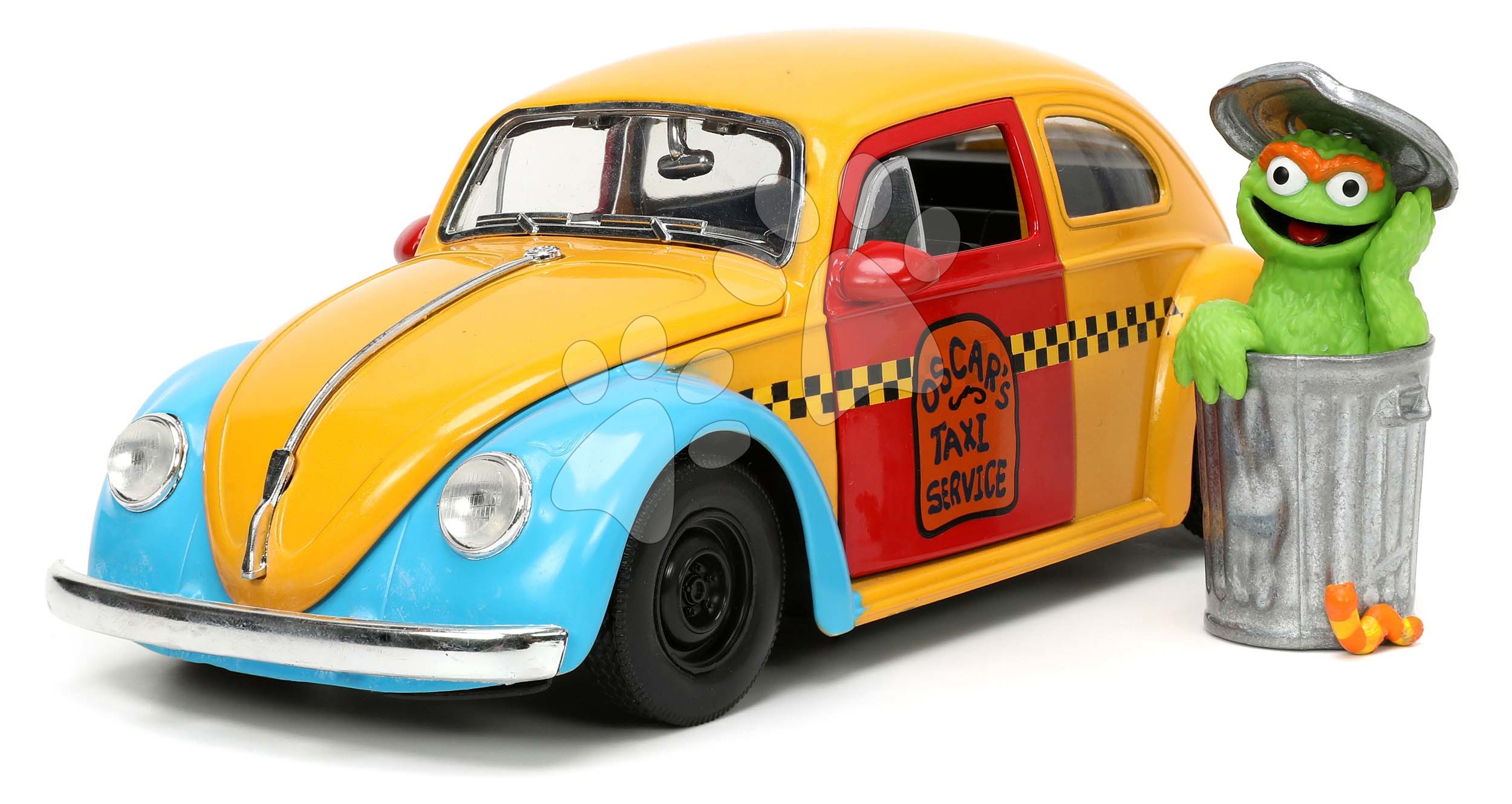 Kisautó Sesame Street VW Beetle 1959 Jada fém nyitható részekkel és Oscar figurával hossza 16,5 cm 1:24