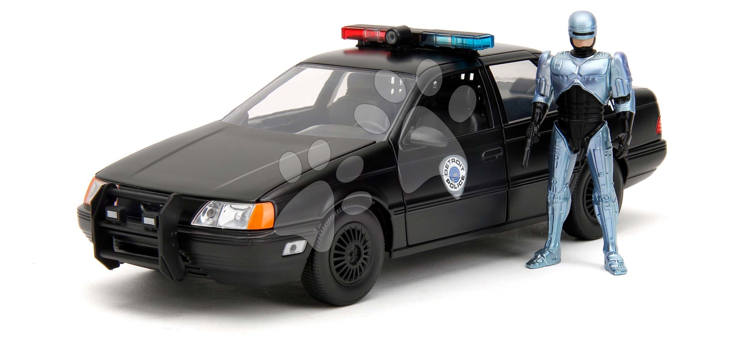 Autíčko RoboCop Ford Taurus 1986 Jada kovové s otvárateľnými časťami a figúrkou Robocop dĺžka 20 cm 1:24