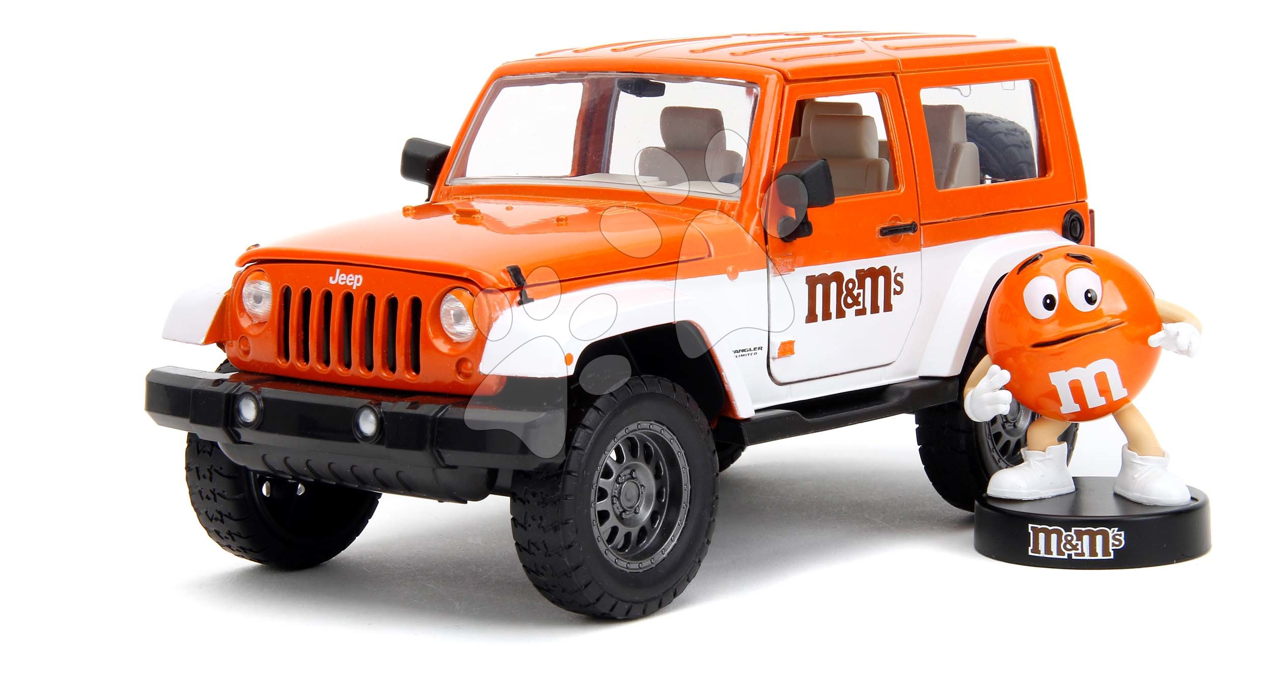 Kisautó Jeep Wrangler 2007 M&M Jada fém nyitható ajtókkal és Orange figura hossza 18 cm 1:24 8 évtől JA3255068