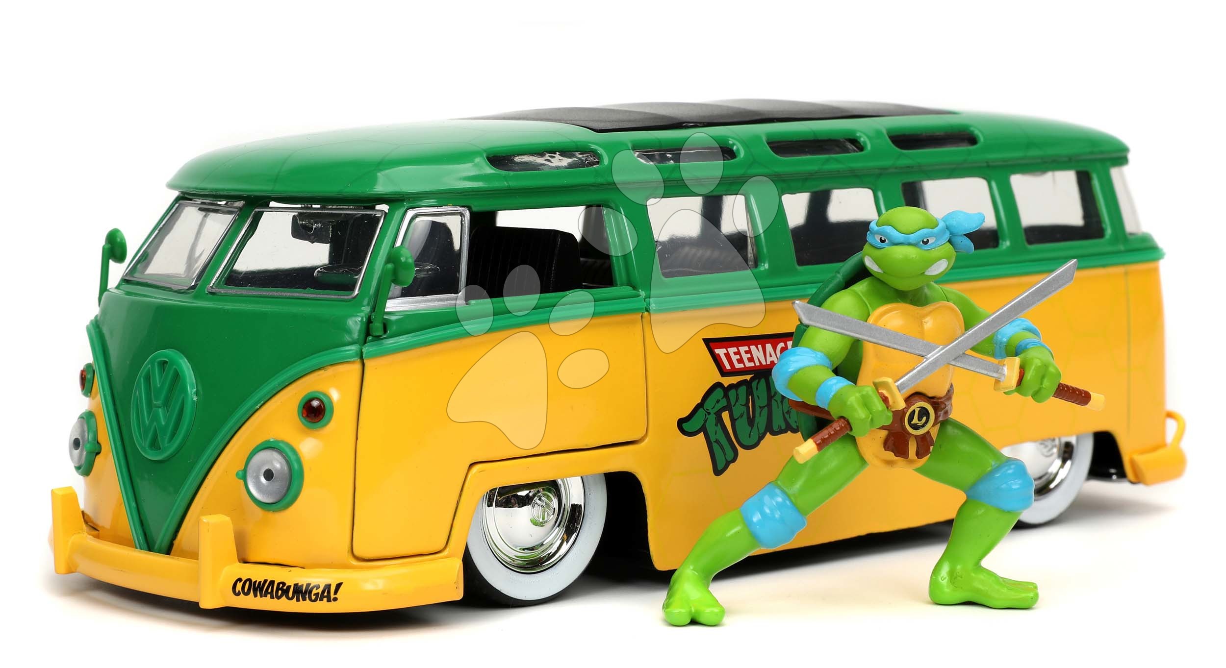 Autíčko Ninja korytnačky VW Bus 1962 Jada kovové s otvárateľnými dverami a figúrkou Leonardo dĺžka 20 cm 1:24