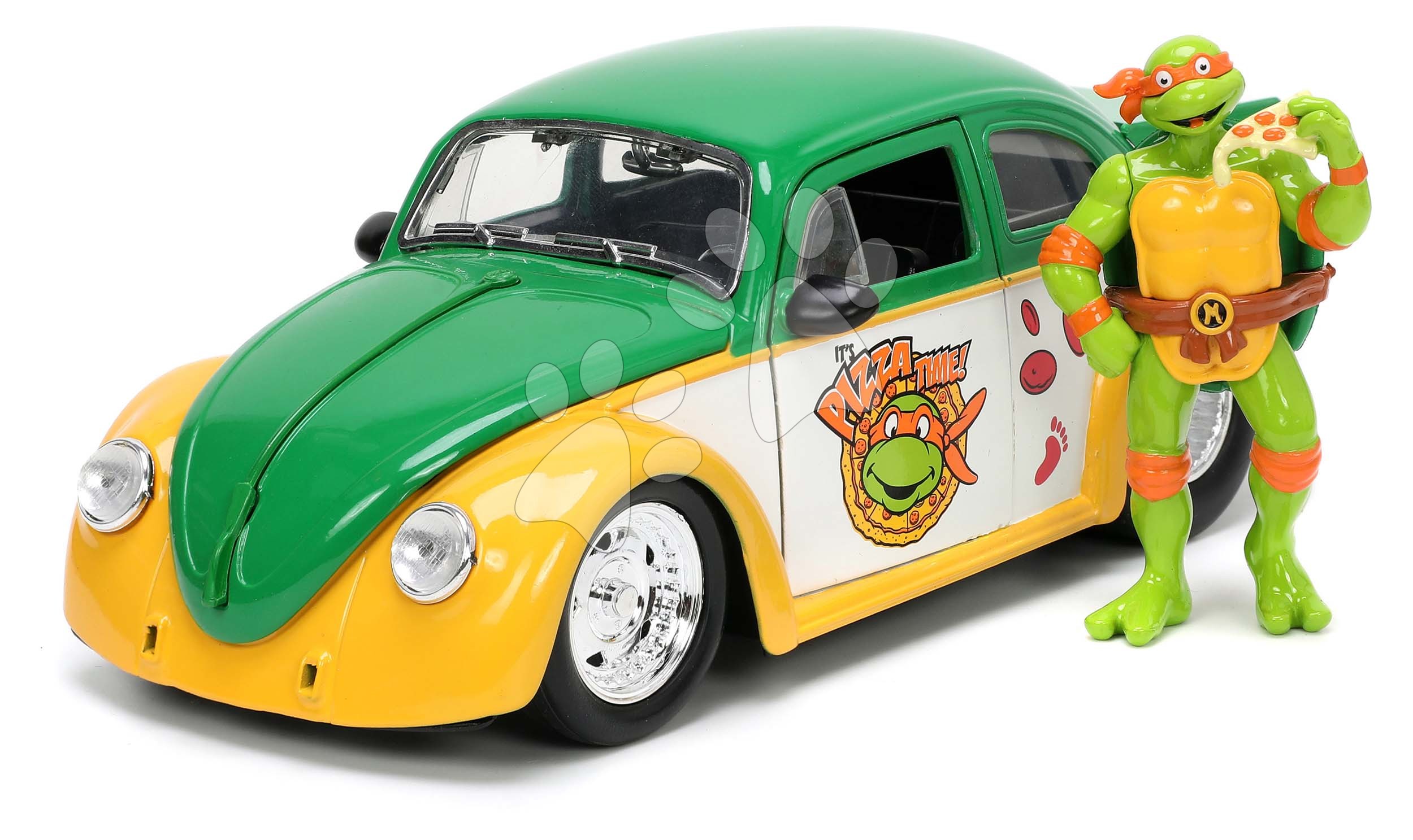 Kisautó Tini Nindzsa Teknőcök VW Drag Beetle 1959 Jada fém niytható ajtókkal és Michelangelo akciófigurával hossza 19 cm 1:24