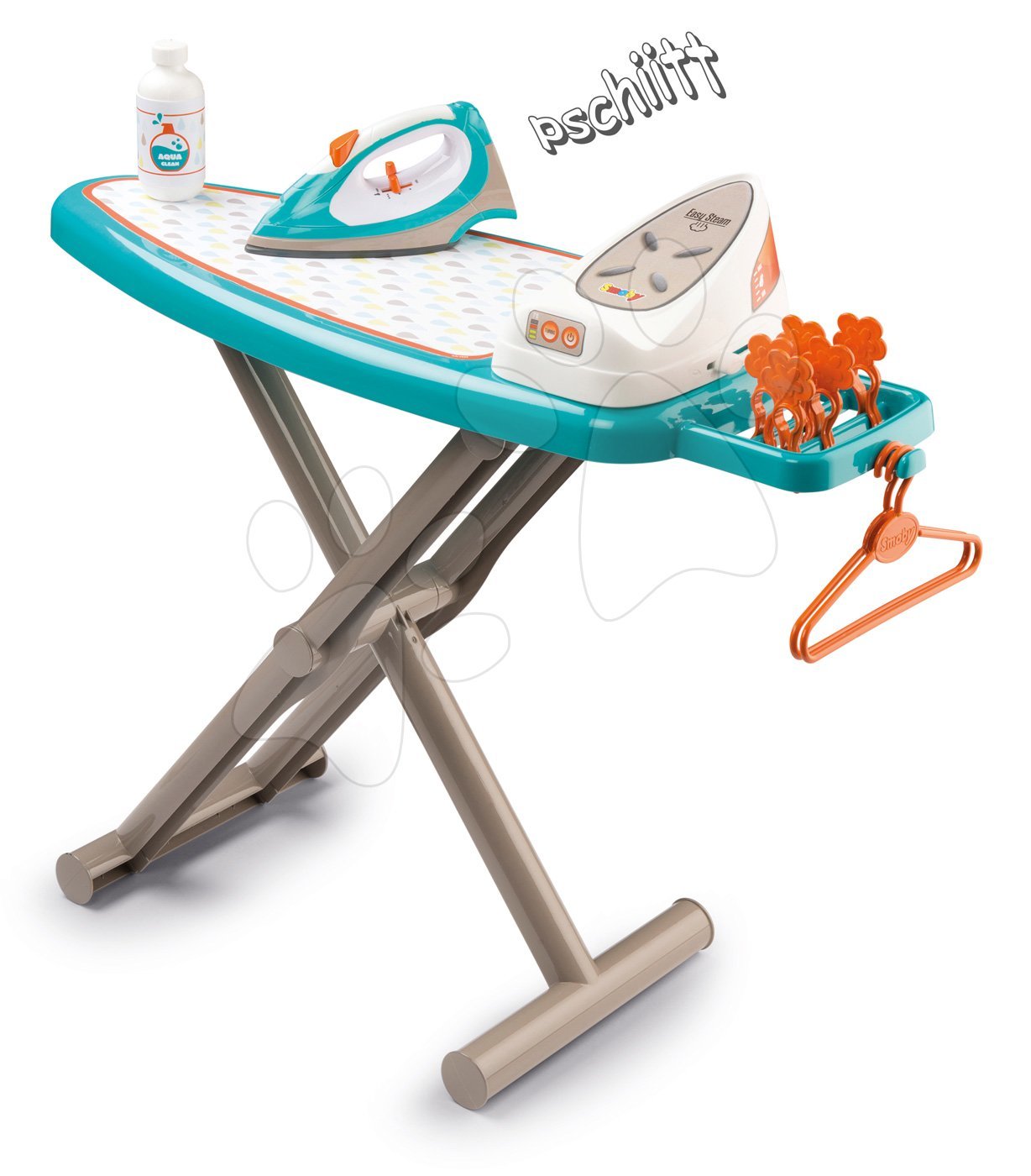 Jocuri de uz casnic - Masă de călcat Aqua Clean Smoby cu fier de călcat electric și 10 accesorii turcoaz