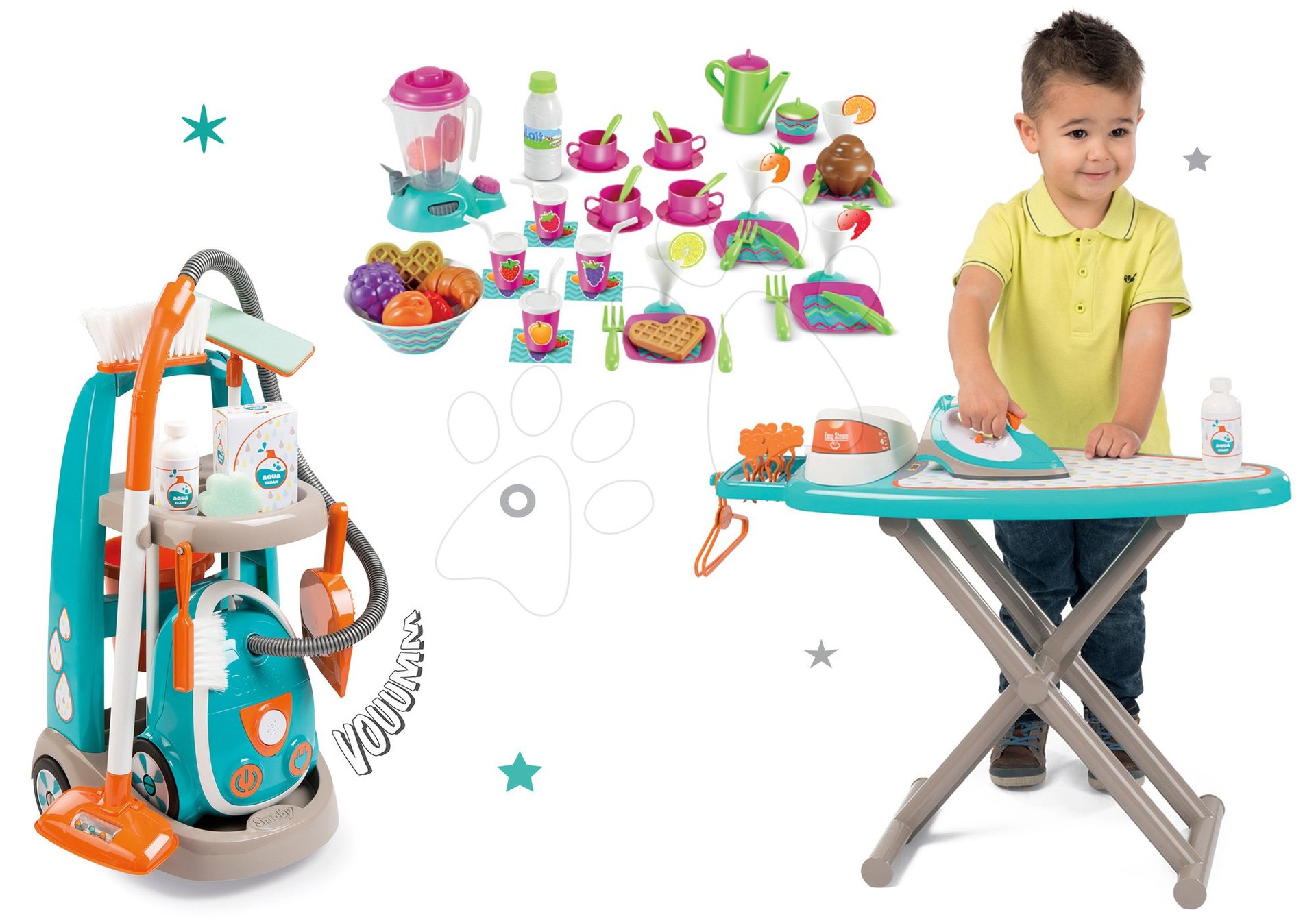 Smoby set upratovací vozík s vysávačom Vacuum Cleaner a žehliaca doska so žehličkou a obedovou súpravou 330309-15