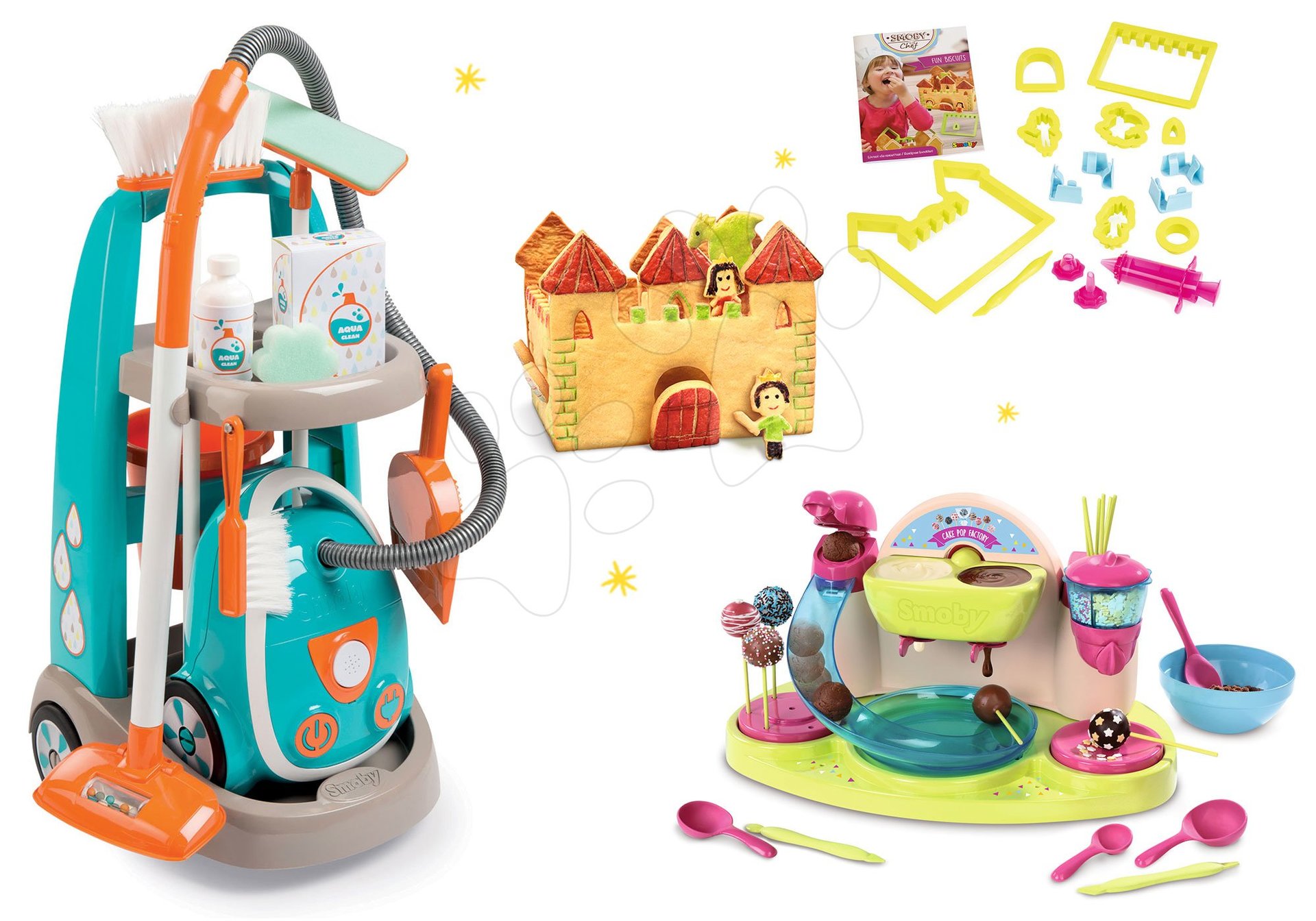 Smoby set upratovací vozík s vysávačom Vacuum Cleaner a Čokoládovňa pre deti s Perníkovou chalúpkou 330309-20