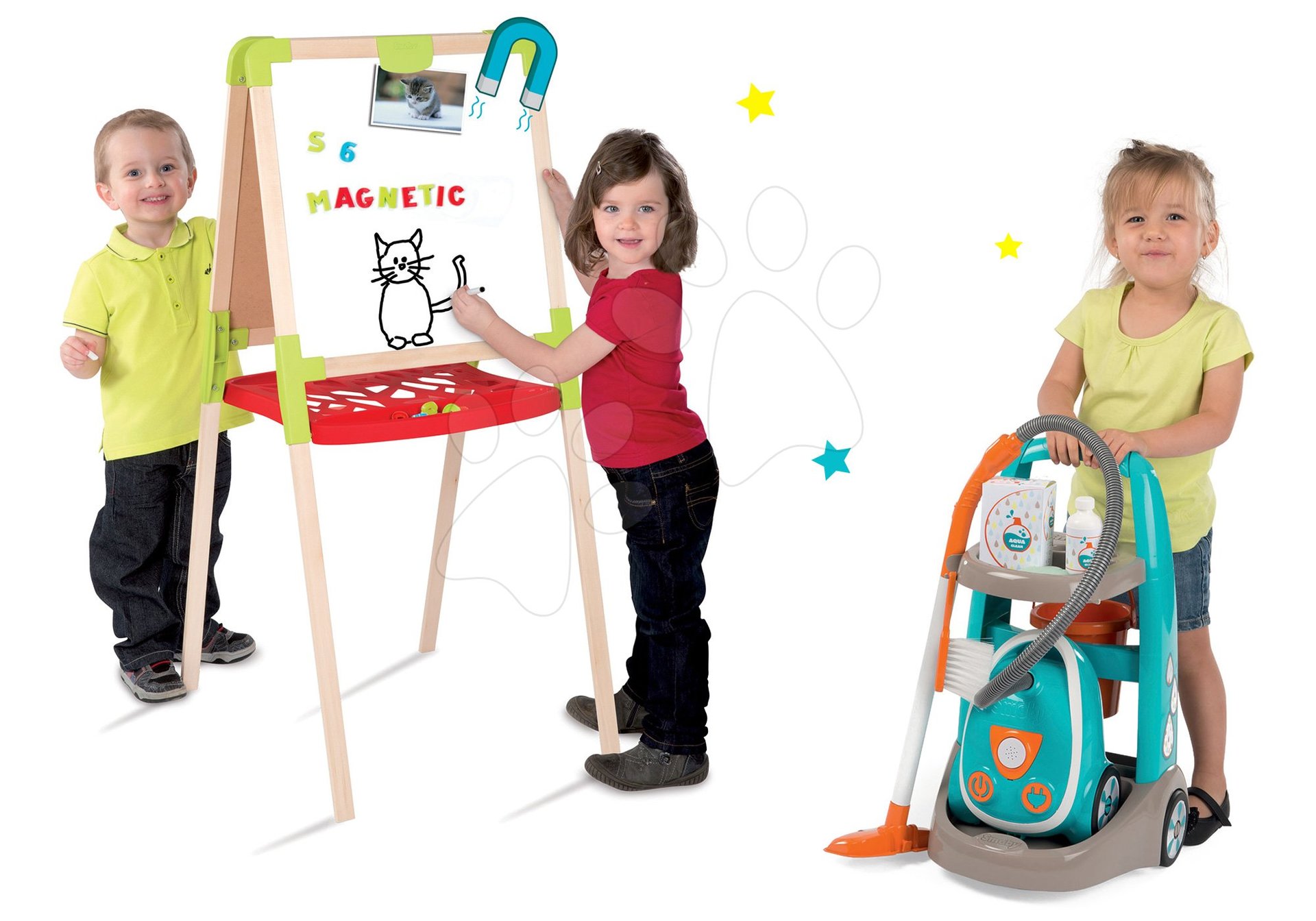 Smoby set upratovací vozík s elektronickým vysávačom Clean a školská tabuľa obojstranná magnetická 330309-4