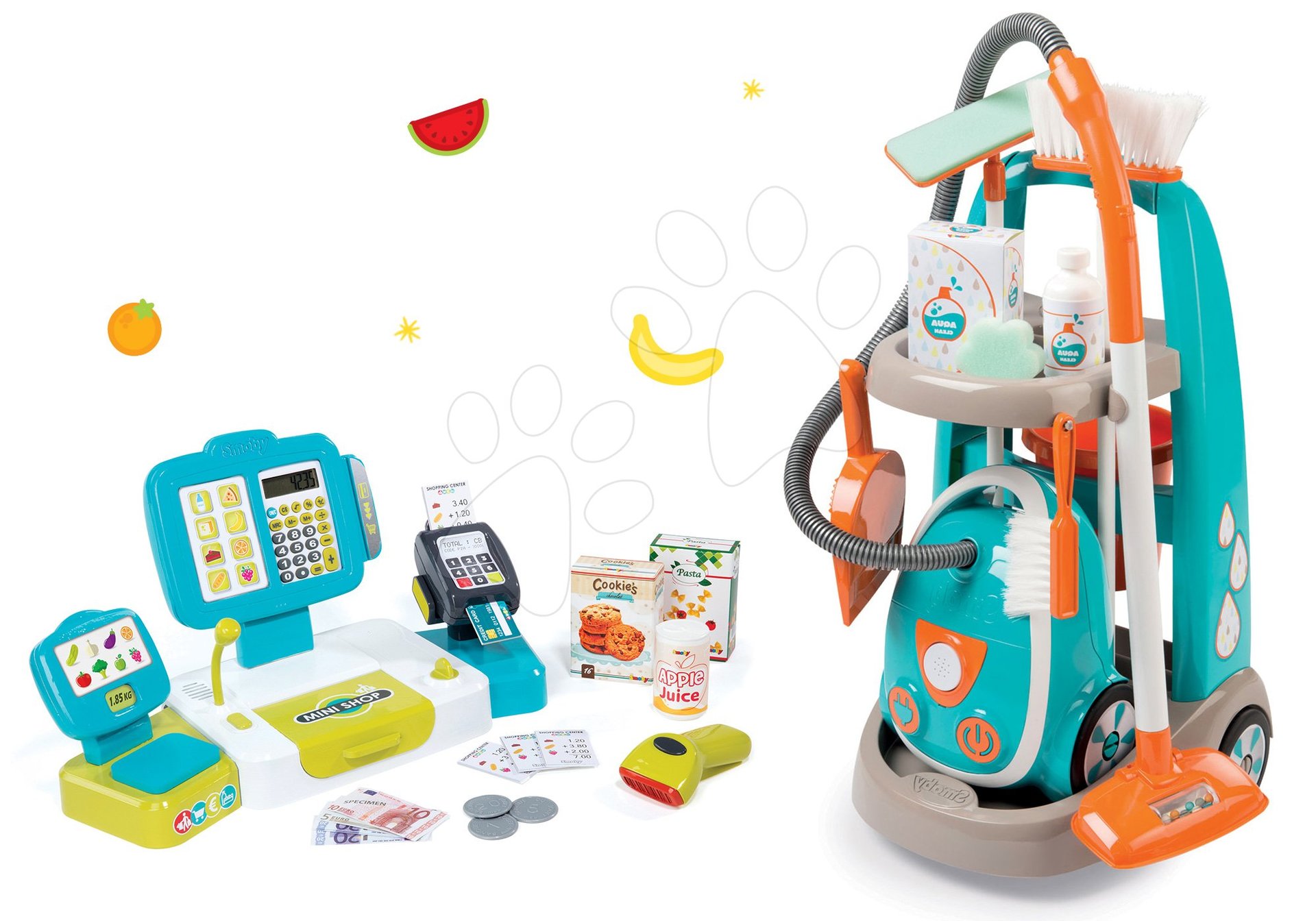 Smoby set upratovací vozík s elektronickým vysávačom Clean Smoby a elektronická pokladňa s doplnkami 330309-8