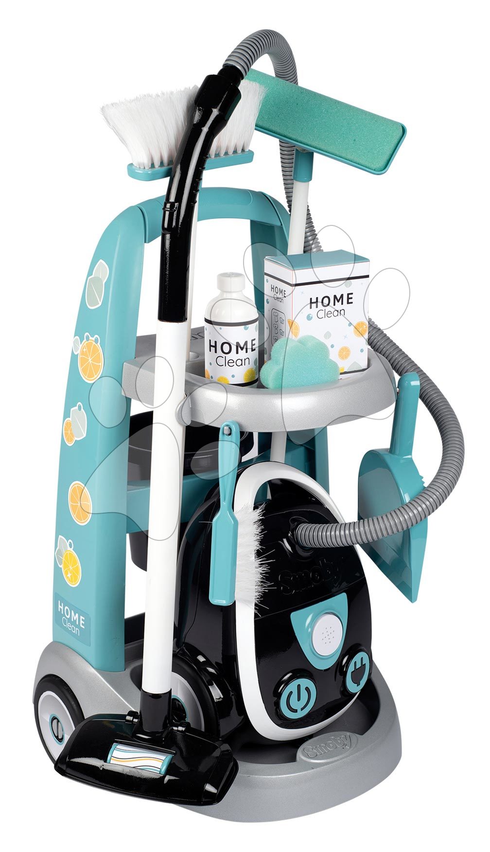 Igre kućanstva - Kolica za čišćenje s elektroničkim usisavačem Cleaning Trolley Vacuum Cleaner Smoby s metlom i lopaticom i 9 dodataka
