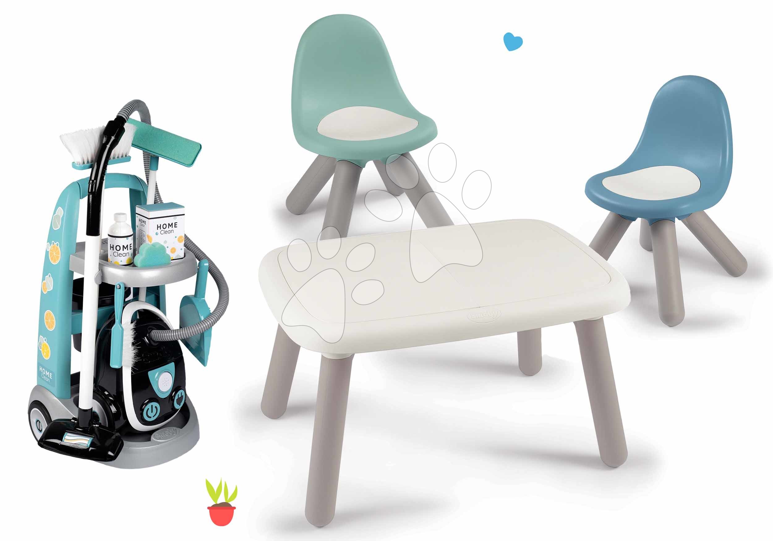 Igre v gospodinjstvu - Komplet čistilni voziček z elektronskim sesalnikom Cleaning Trolley Vacuum Cleaner Smoby in miza KidTable z 2 stolčkoma KidChair