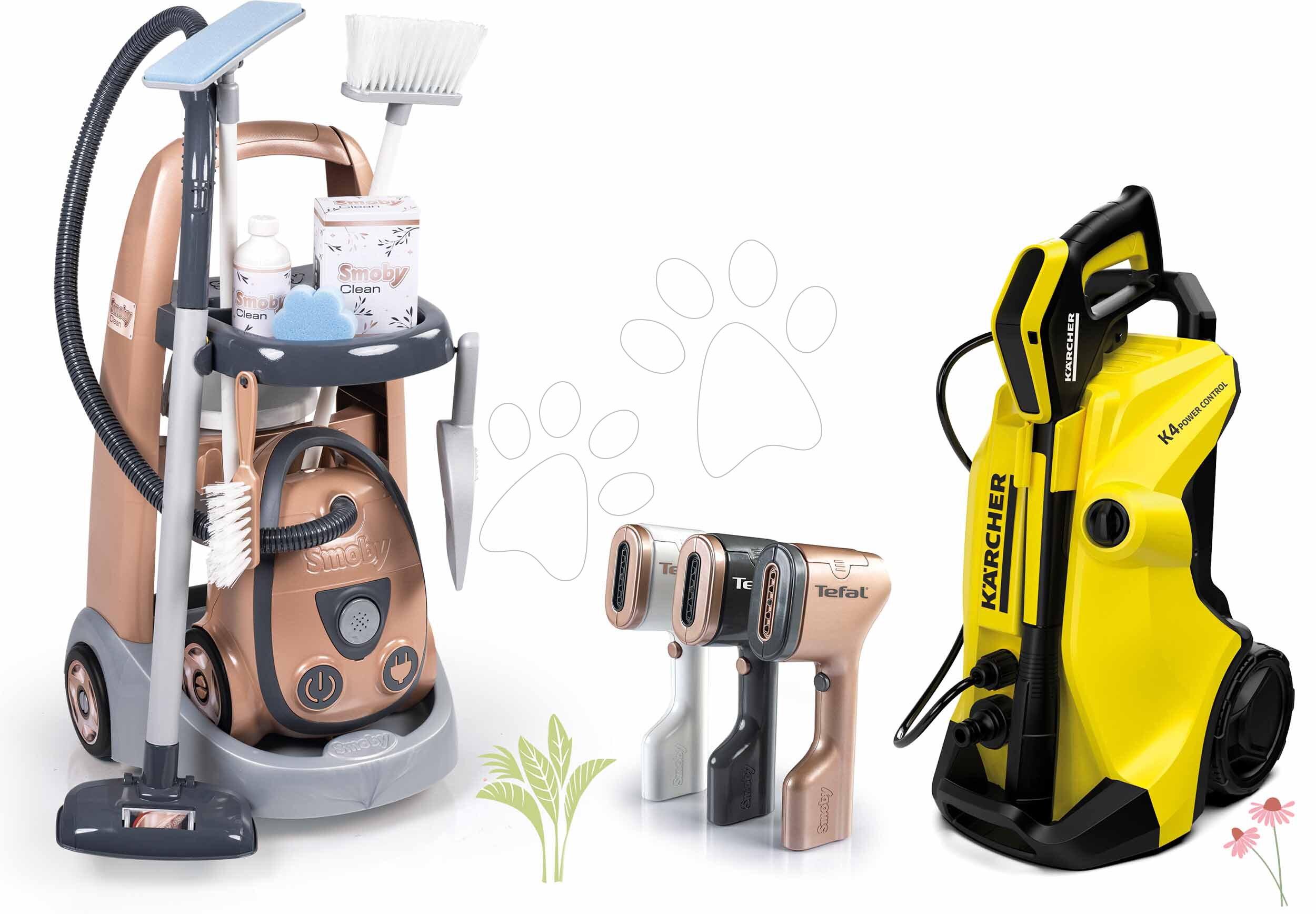 Set upratovací vozík a vysokotlakový čistič Rowenta Trolley Vacuum Cleaner Smoby s elektronickým vysávačom a ručný naparovač