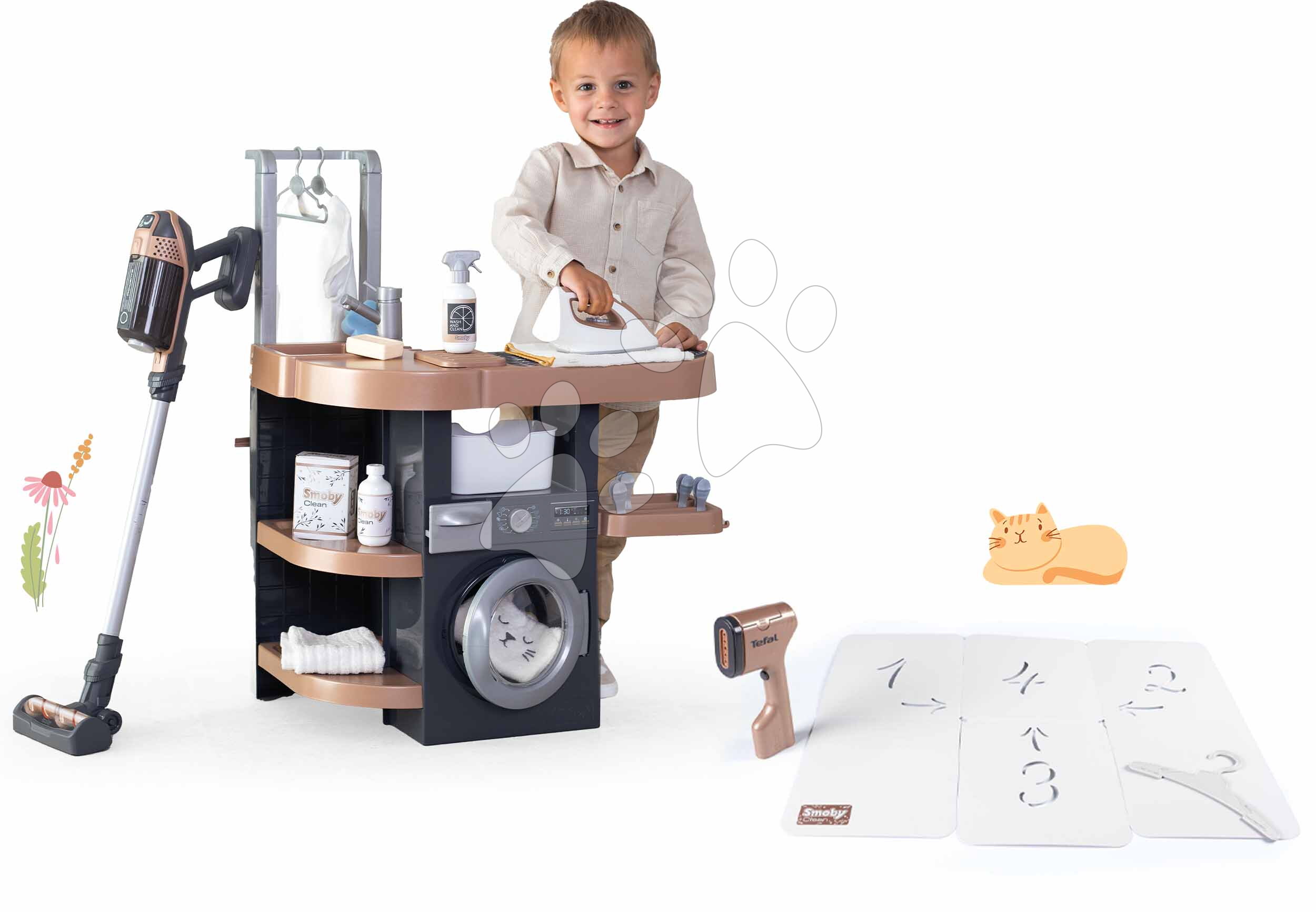 Set práčovňa s práčkou a elektronický vysávač Rowenta Wash&Clean Laundry Smoby a ručný naparovač