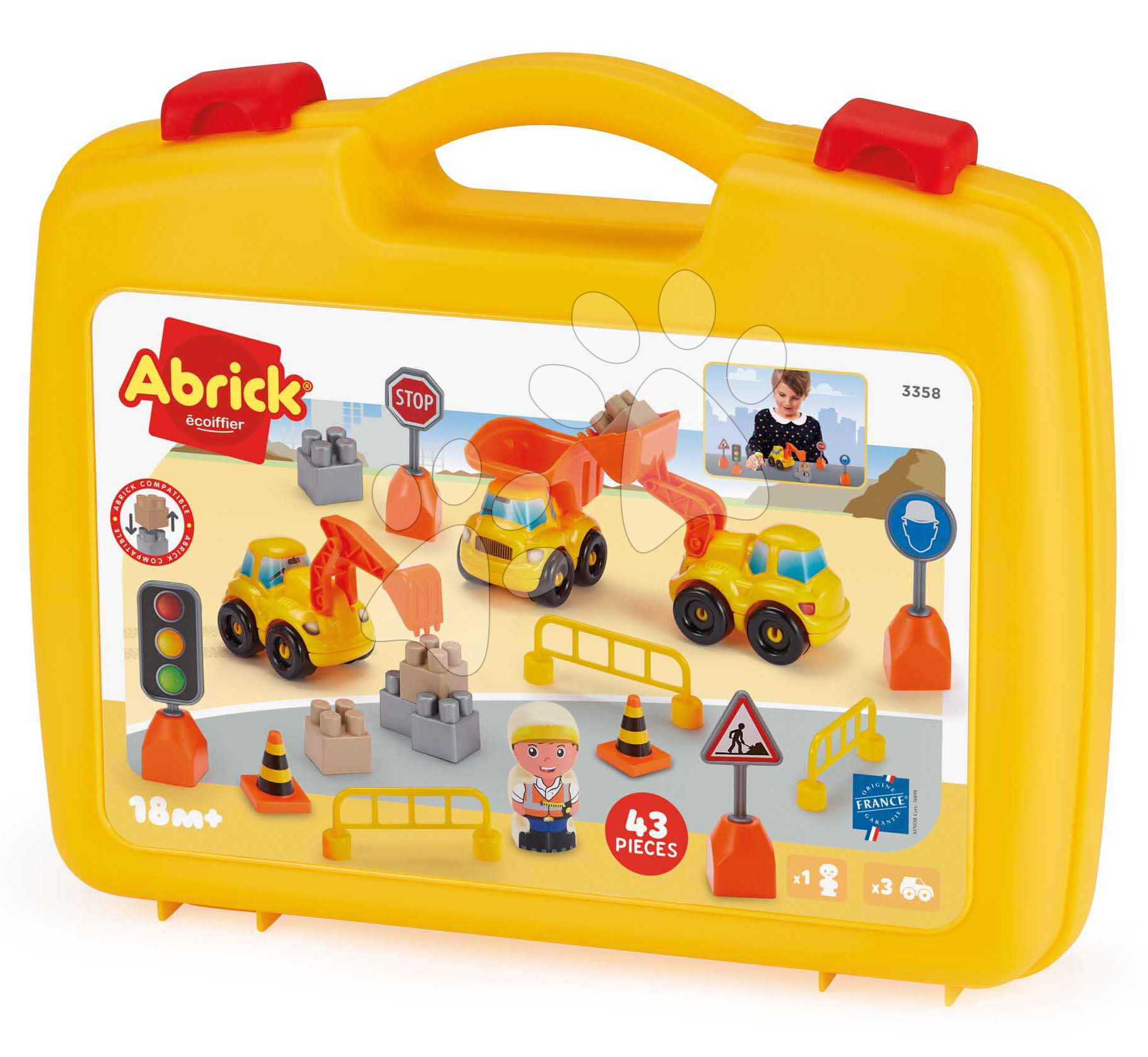 Stavebnica v kufríku pracovné stroje Public Work Suitcase Abrick Écoiffier 43 doplnkov s figúrkou a značkami od 18 mes