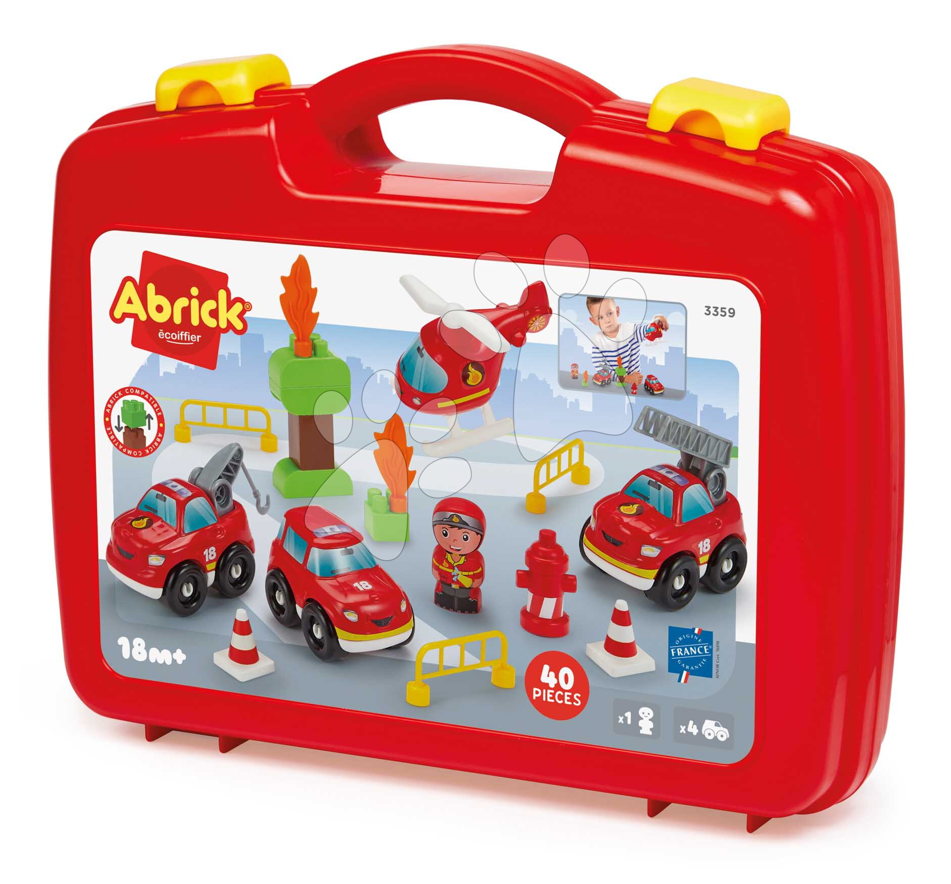 Stavebnica v kufríku Požiarnici Firefighter Suitcase Abrick Écoiffier 40 doplnkov s figúrkou a 4 vozidlami od 18 mes
