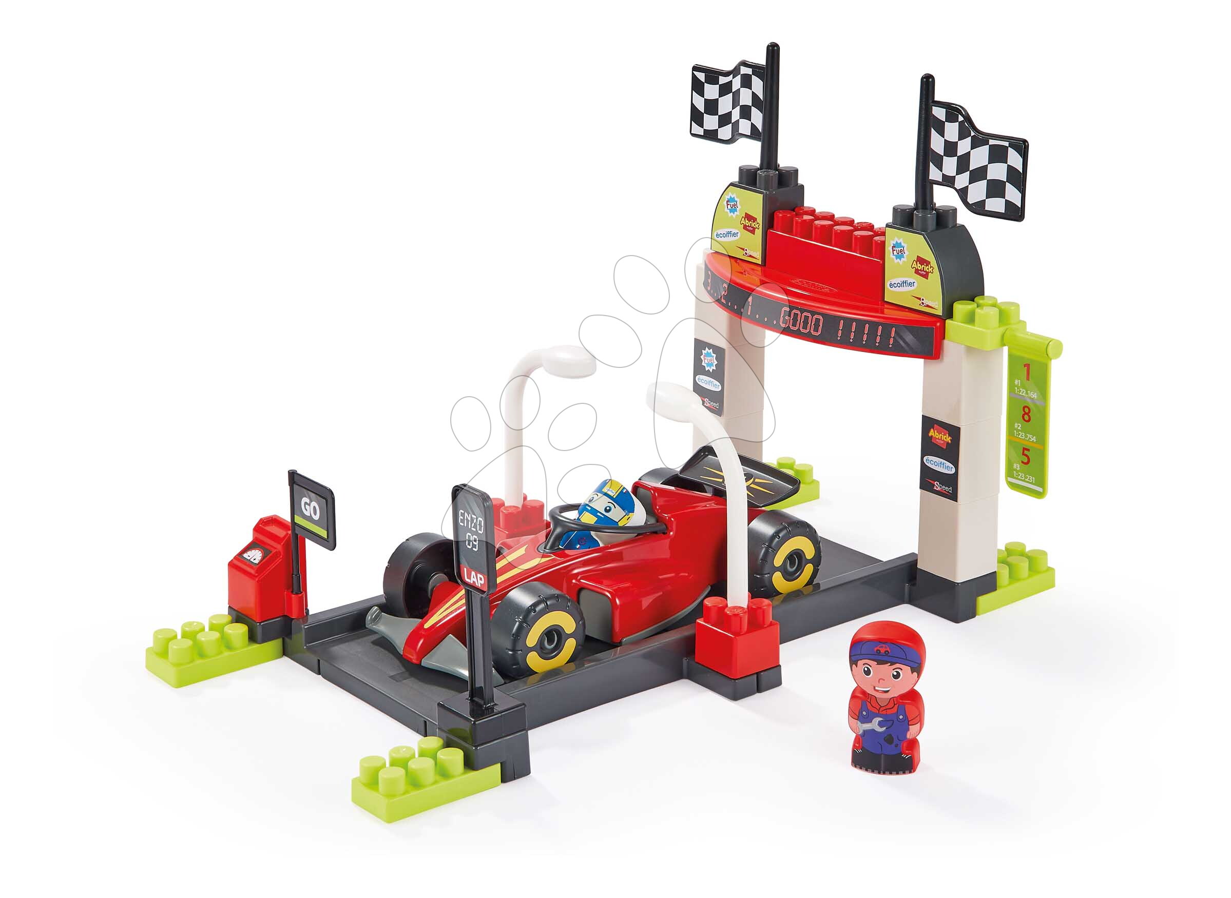 Stavebnica s formulou v zastávke Pit Stop Formula 1 Abrick Écoiffier s figúrkou od 18 mes