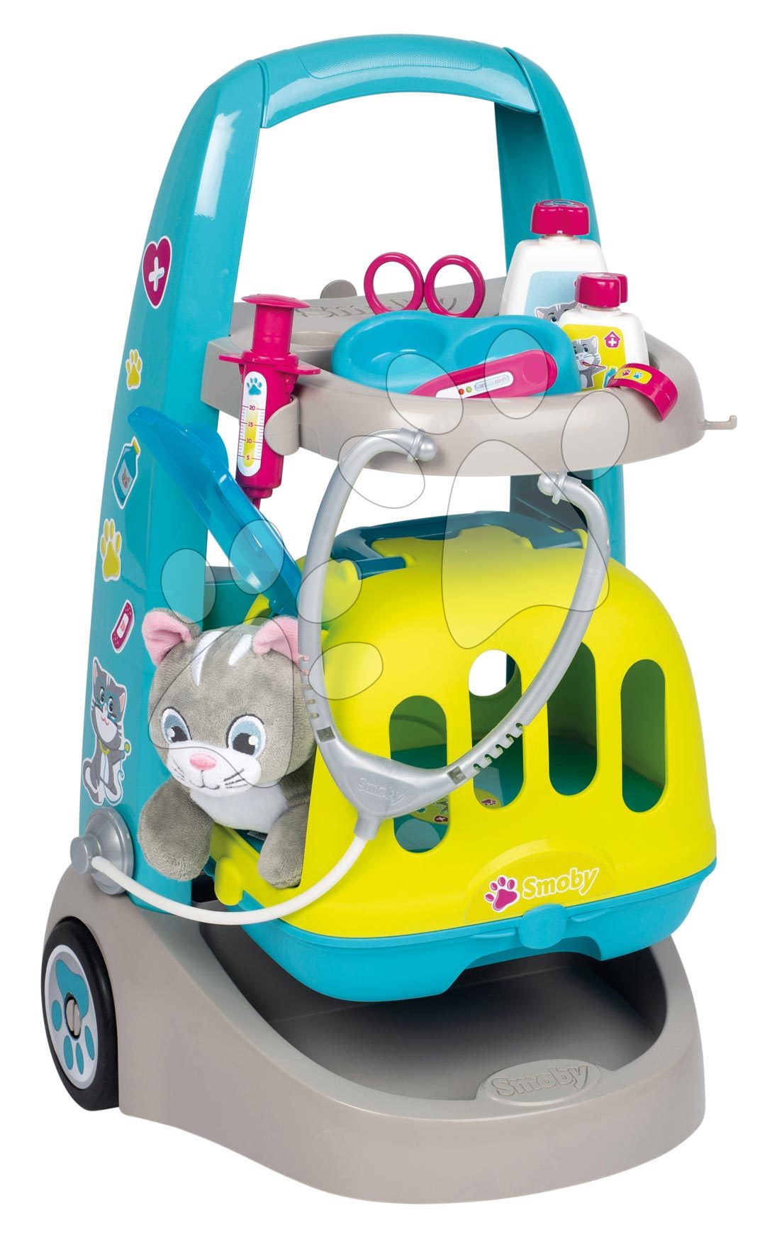 Zdravniški vozički za otroke - Veterinarski voziček s kovčkom Veterinary Trolley Smoby za plišastega mucka z 8 zdravniškimi dodatki
