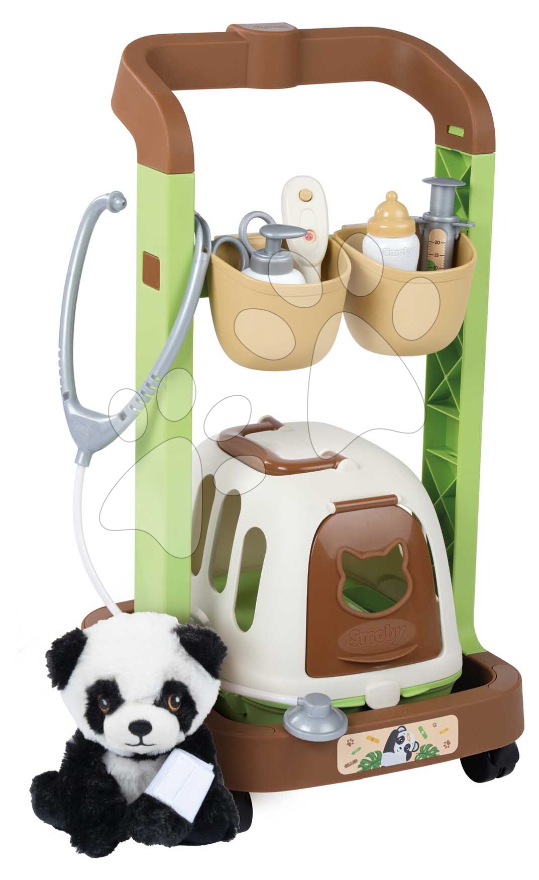 Állatorvosi kocsi plüss pandával Veterinary Trolley Smoby hordozóboxszal sztetoszkóppal lázmérővel 8 kiegészítővel