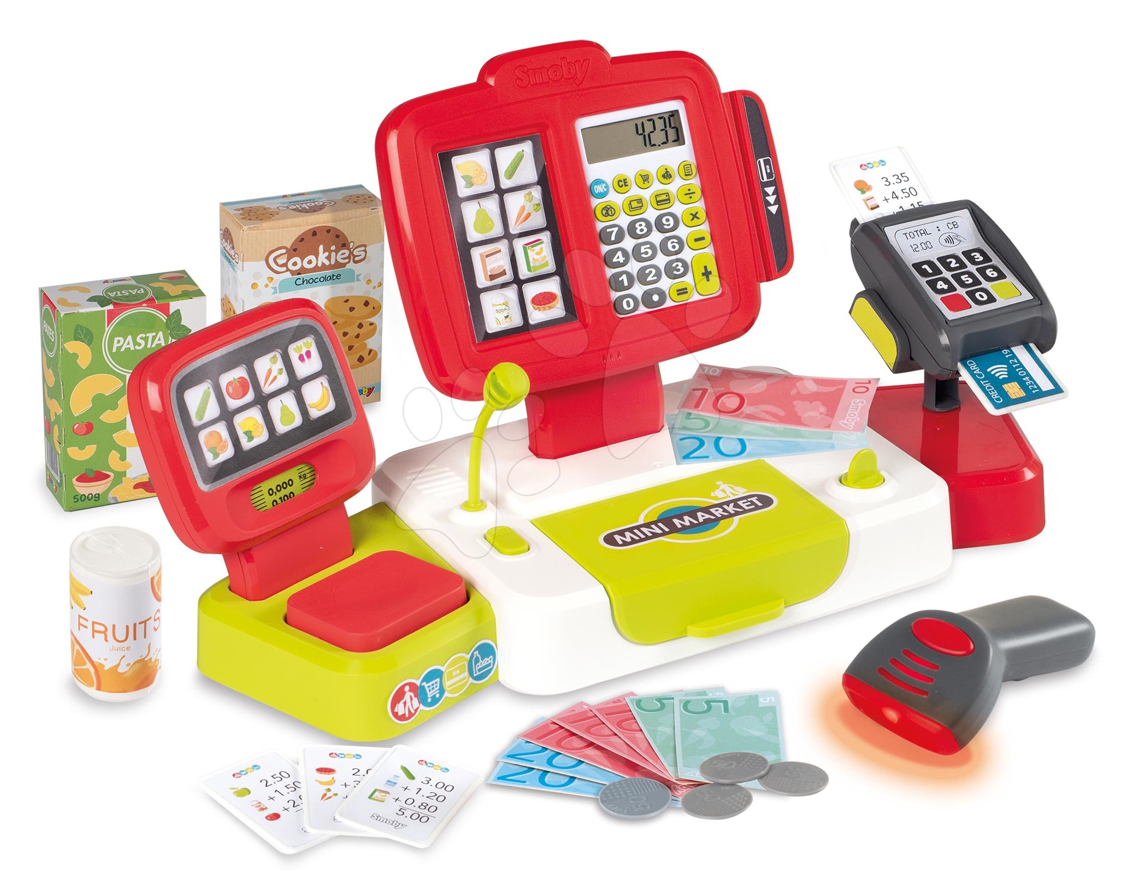 Obchody pro děti - Pokladna elektronická s kalkulačkou Large cash Register Smoby červená s váhou terminálem a čtečkou kódů s 30 doplňky