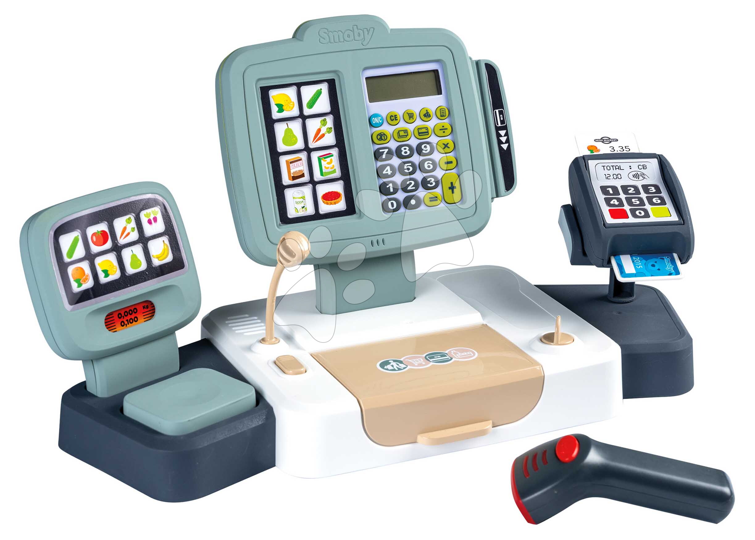 Pénztárgép működő számológéppel és vonalkódleolvasóval Large Cash Register Smoby hanggal fénnyel és mechanikus mérleggel 30 kiegészítővel