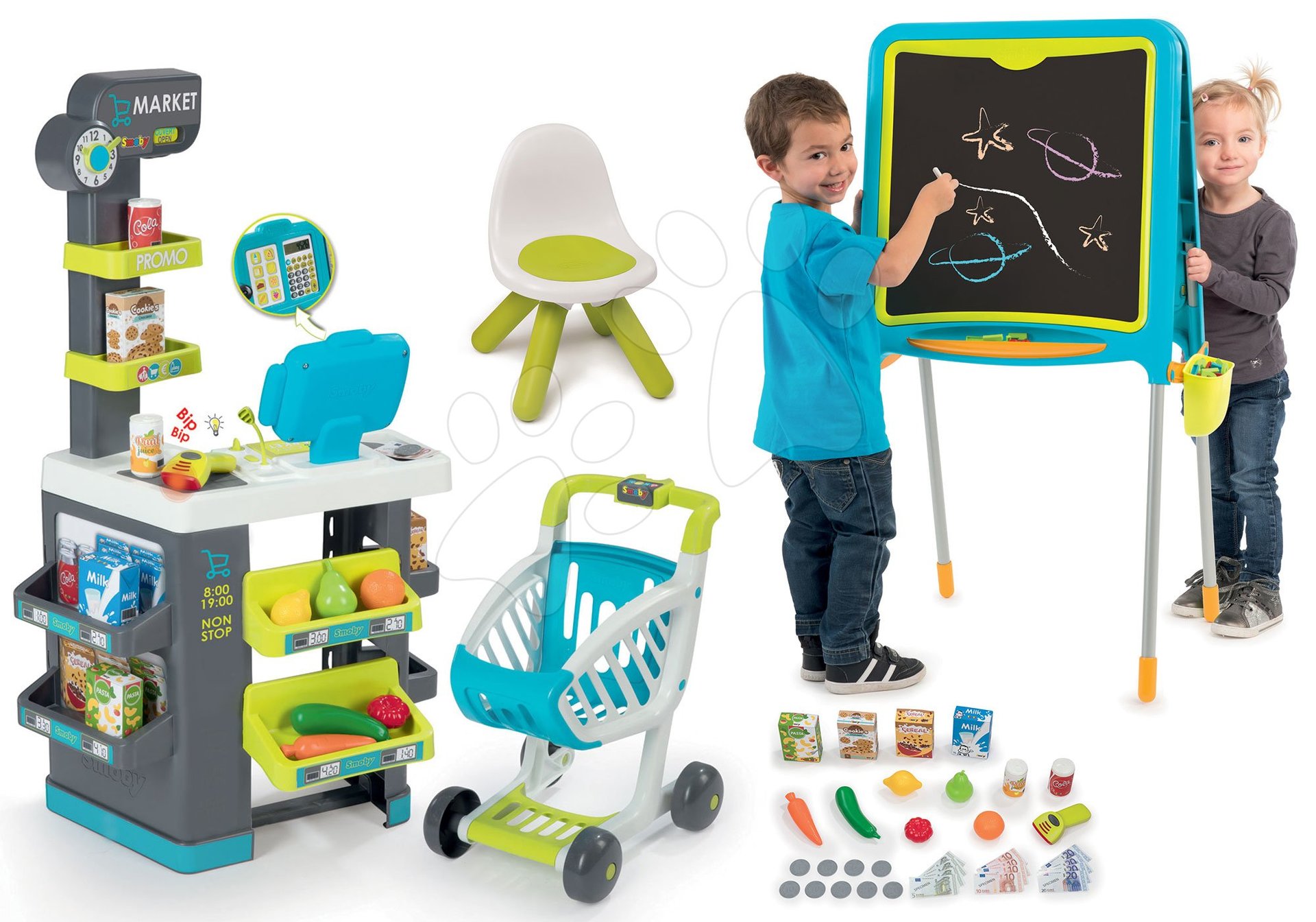 Smoby set obchod s potravinami Market a magnetická školská tabuľa Activity so stoličkou 350212-12
